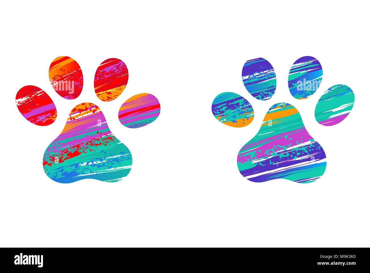 Due gatti paw stampe, decorata con pennellate di vernice brillante su uno sfondo bianco. Disegno paint. Gatto zampa. I tratti di pennello. Paw Print. Illustrazione Vettoriale