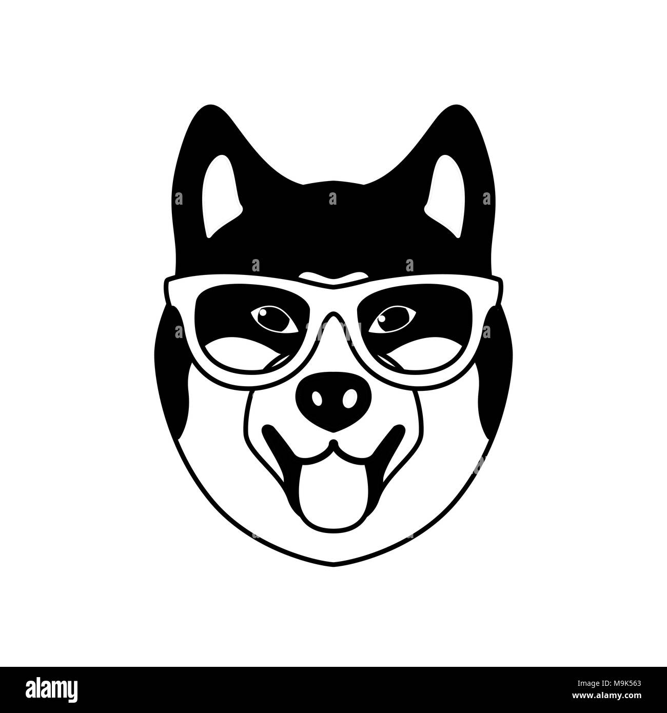 Ritratto di Akito Inu con gli occhiali, in bianco e nero in stile appartamento. Illustrazione Vettoriale di Hipster cane. Illustrazione Vettoriale
