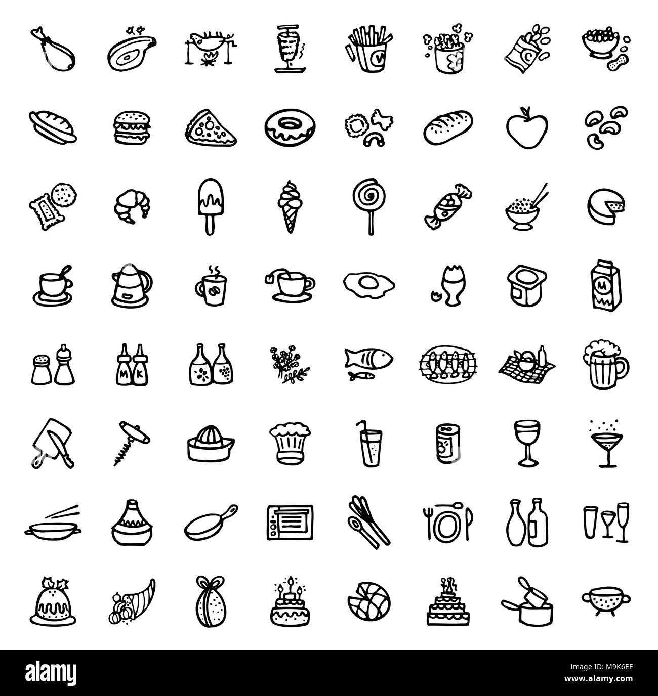 In bianco e nero disegnato a mano icone - Cibo e Cucina Illustrazione Vettoriale