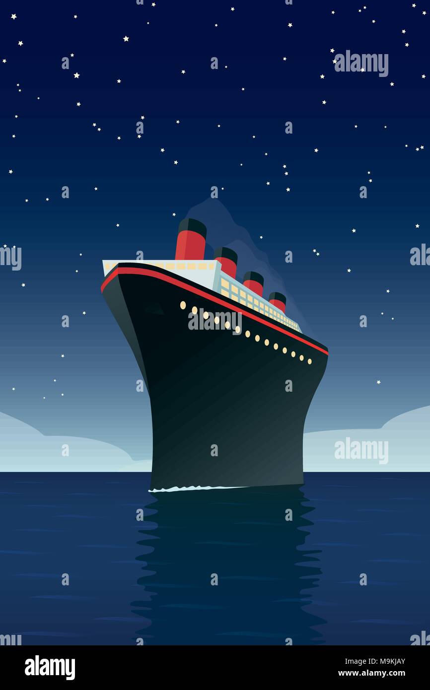In stile vintage illustrazione vettoriale della gigantesca nave da crociera sull'oceano di notte Illustrazione Vettoriale