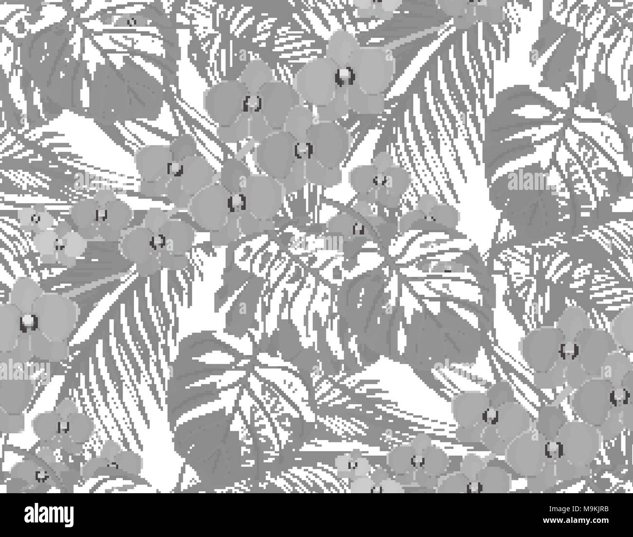 Giungla. Andwhite nero foglie di palme tropicali, Monstera, agavi e orchidee. Gocce di rugiada, pioggia. Senza cuciture. Isolato su sfondo bianco. illustrazione Illustrazione Vettoriale