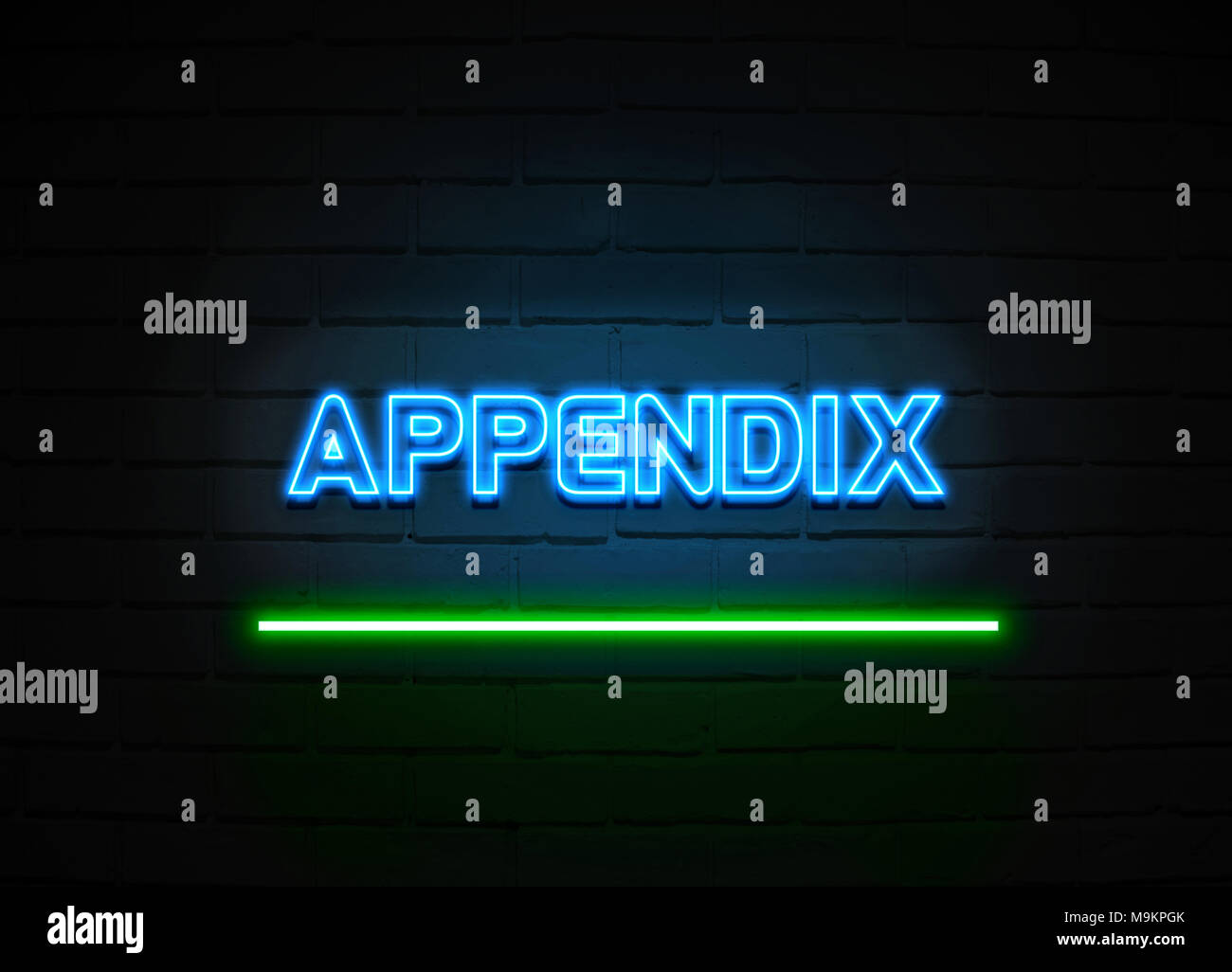 Appendice insegna al neon - Neon incandescente segno sulla parete brickwall - 3D reso Royalty free stock illustrazione. Foto Stock