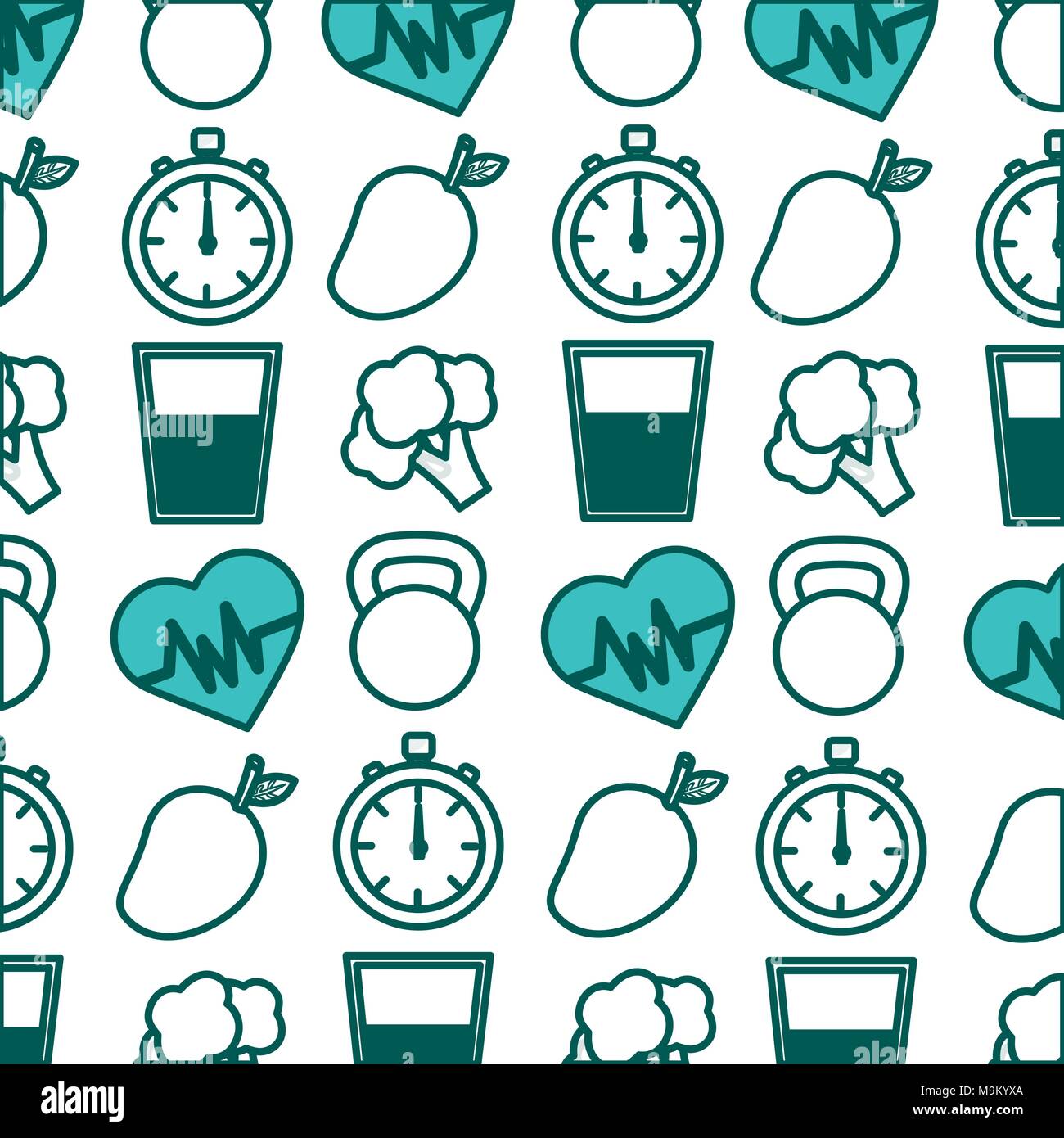 Uno stile di vita sano la frequenza cardiaca broccoli mango barbell sport immagine di sfondo Illustrazione Vettoriale