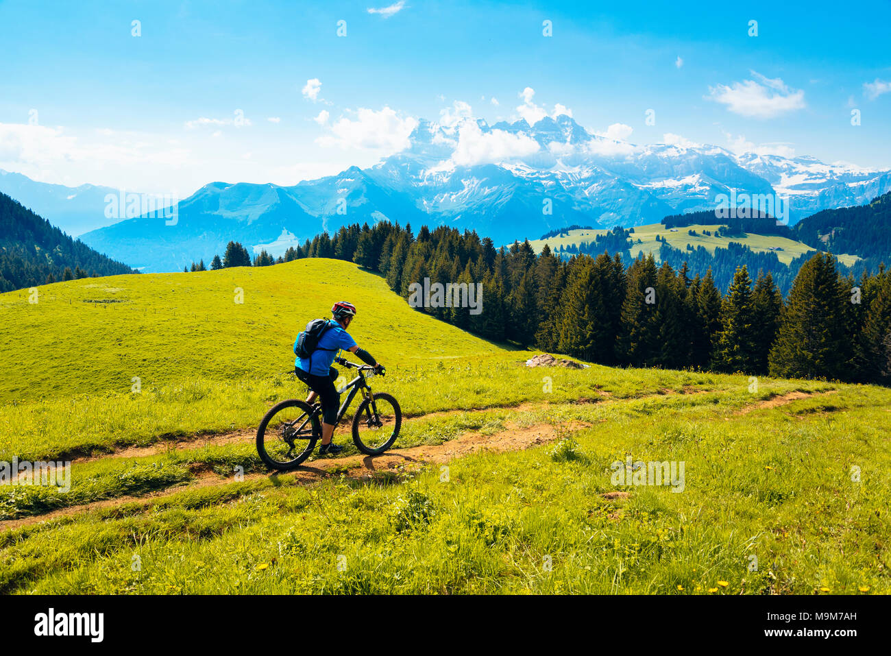 Rider che partecipano al Pass'Portes du Soleil 2016 MTB mountain bike evento, con vista dei Dents du Midi Foto Stock