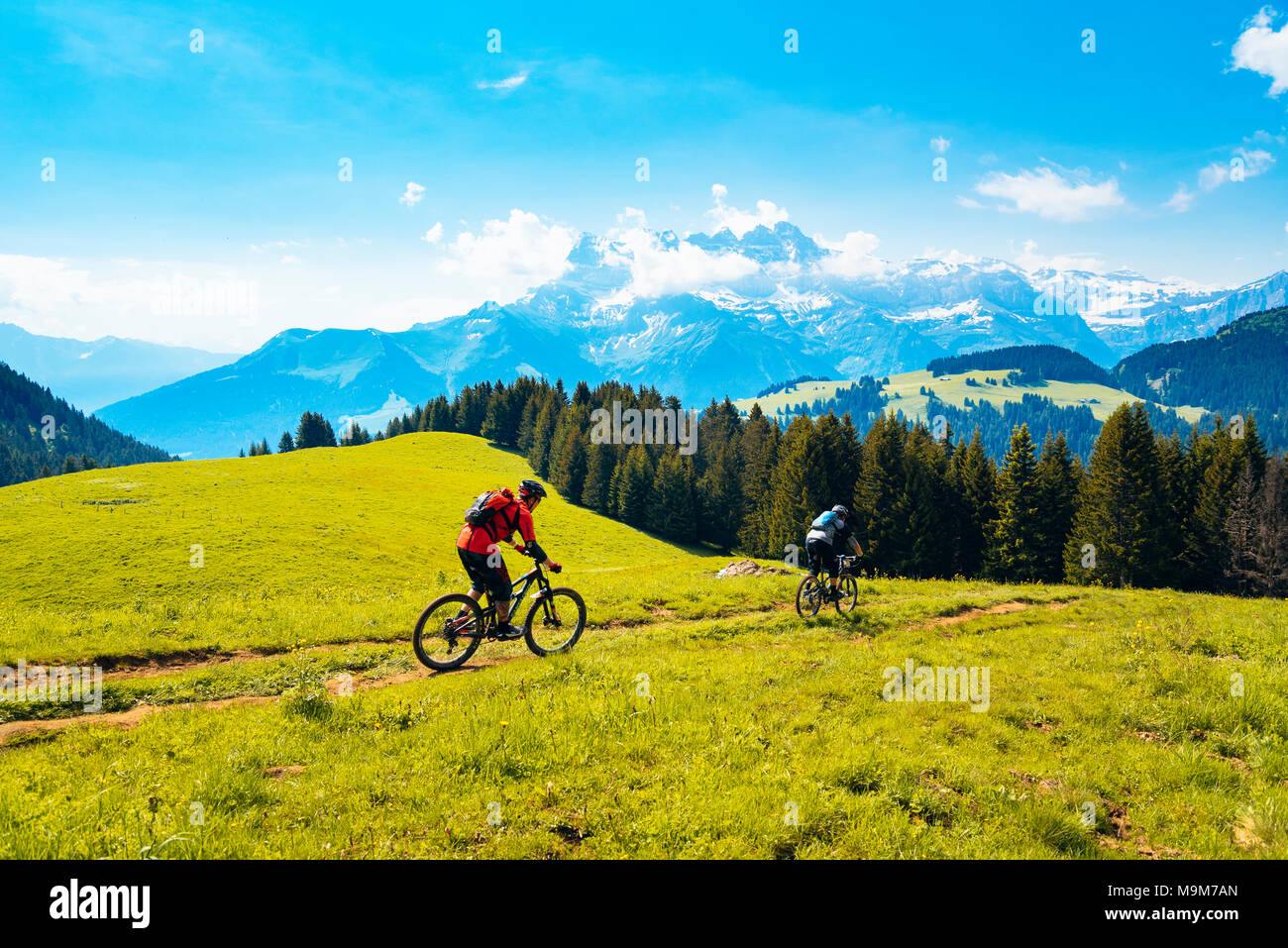 I piloti che partecipano al Pass'Portes du Soleil 2016 MTB mountain bike evento, con vista dei Dents du Midi Foto Stock