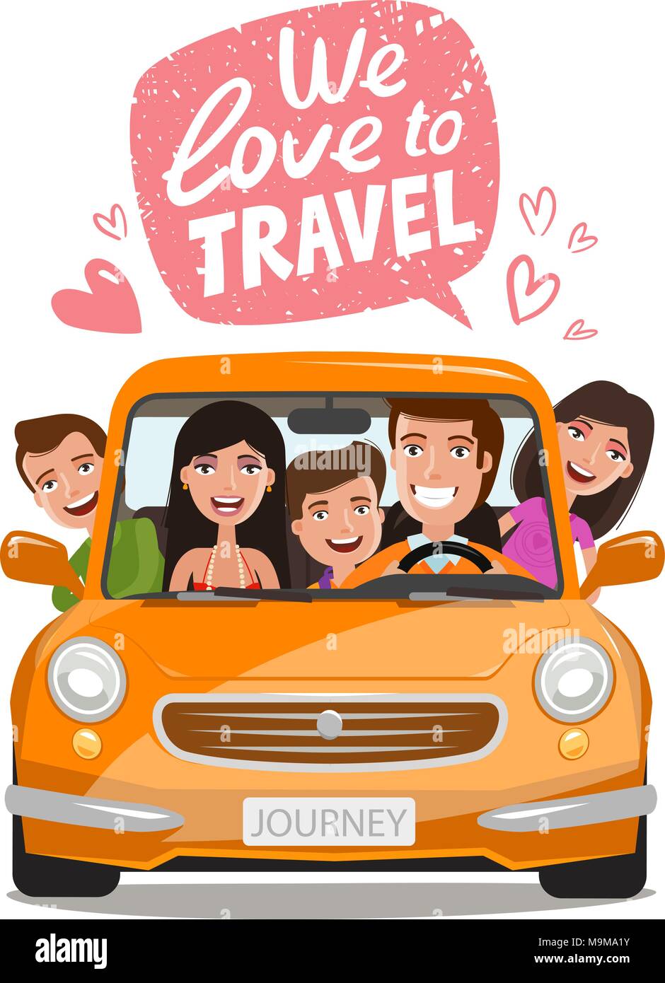 Viaggio, viaggio concetto. La famiglia felice che viaggiano in auto. Fumetto illustrazione vettoriale Illustrazione Vettoriale