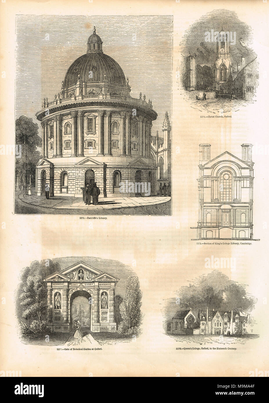 Incisi scene della città universitaria di Oxford, Inghilterra circa 1845 Foto Stock