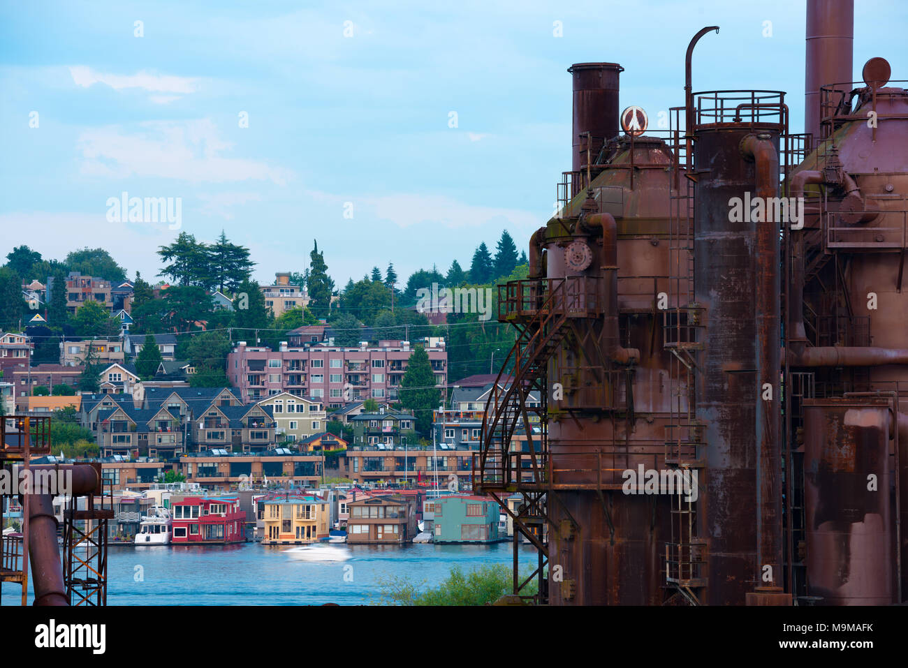 Lavori Gas Park e le tradizionali case galleggianti sul Lago Union, Seattle, nello Stato di Washington, USA Foto Stock