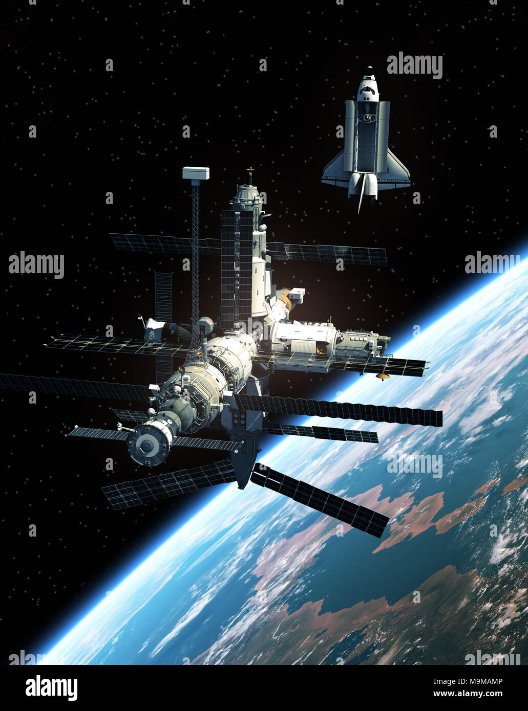Stazione di spazio e lo Space Shuttle nello spazio esterno. 3D'illustrazione. Foto Stock