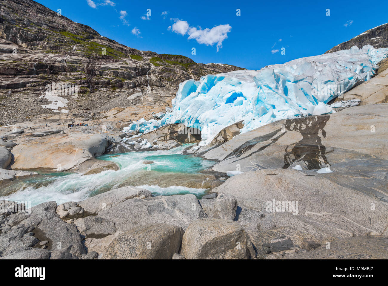 Lingua del ghiacciaio Nigardsbreen, Norvegia, Jostedalen, Jostedalsbreen Parco Nazionale vicino a Gaupne Foto Stock