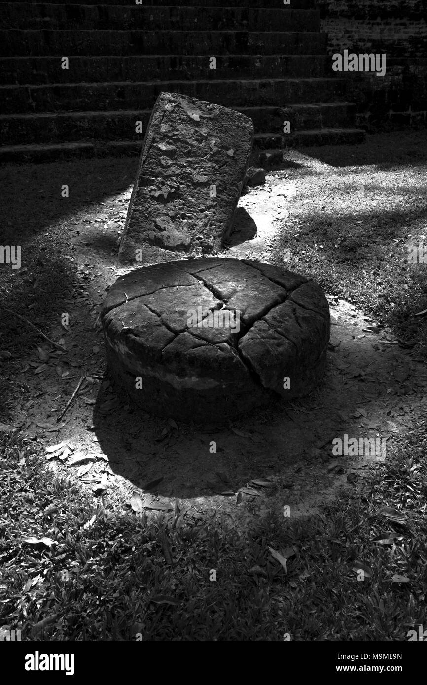 Antiche rovine maya di un altare e stele in Tikal, Guatemala Foto Stock