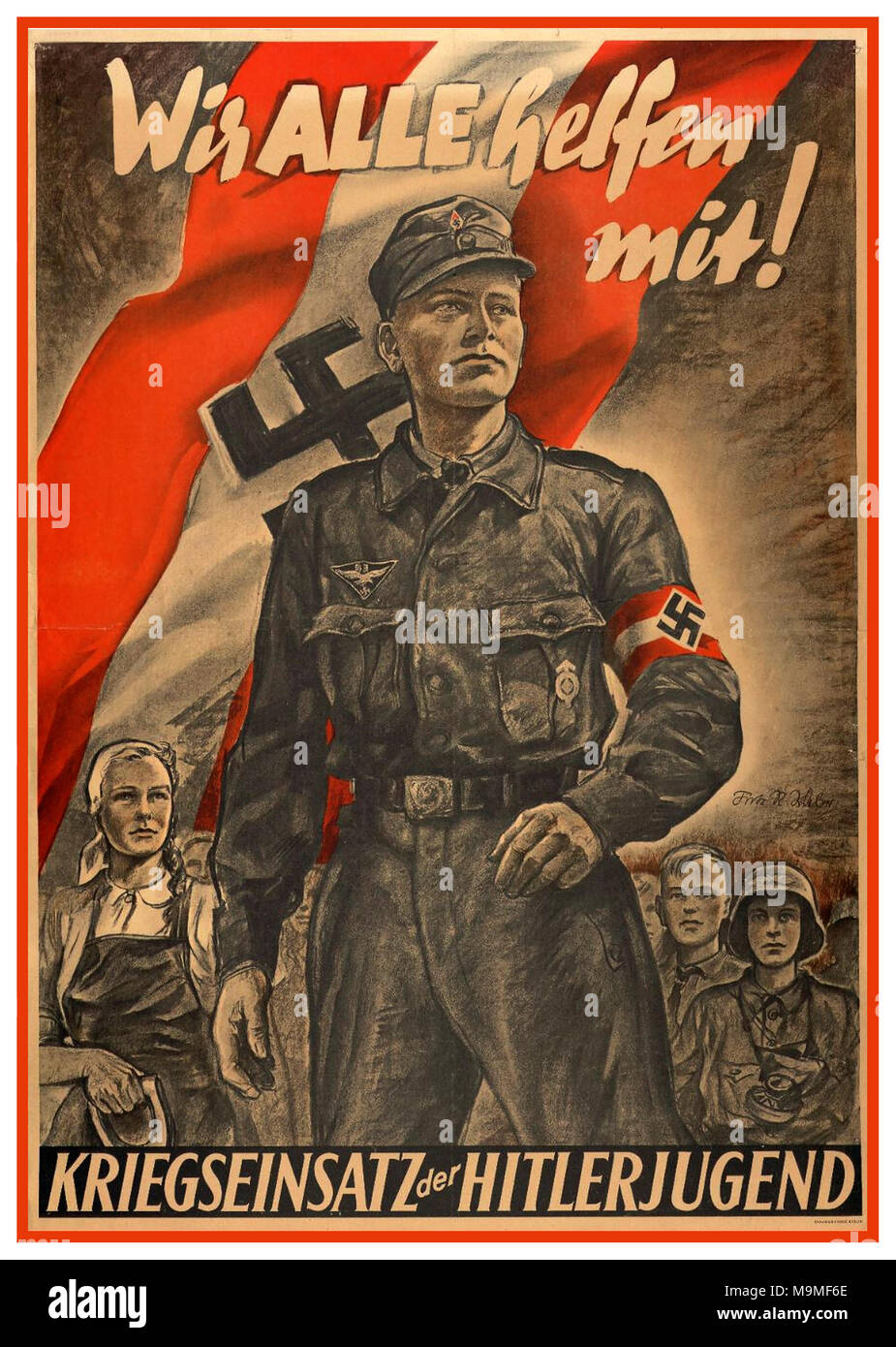 WW2 Germania nazista HITLERJUGEND Propaganda 1944-45 “tutti aiutiamo con gli sforzi di guerra della gioventù Hitler” Foto Stock