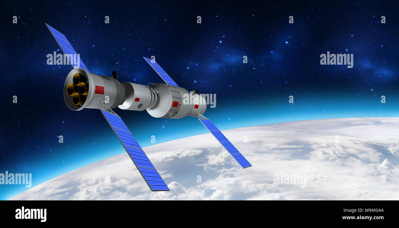 Modello 3D della Cina il Tiangong-1 stazione spaziale in orbita attorno al pianeta Terra. Il rendering 3D Foto Stock