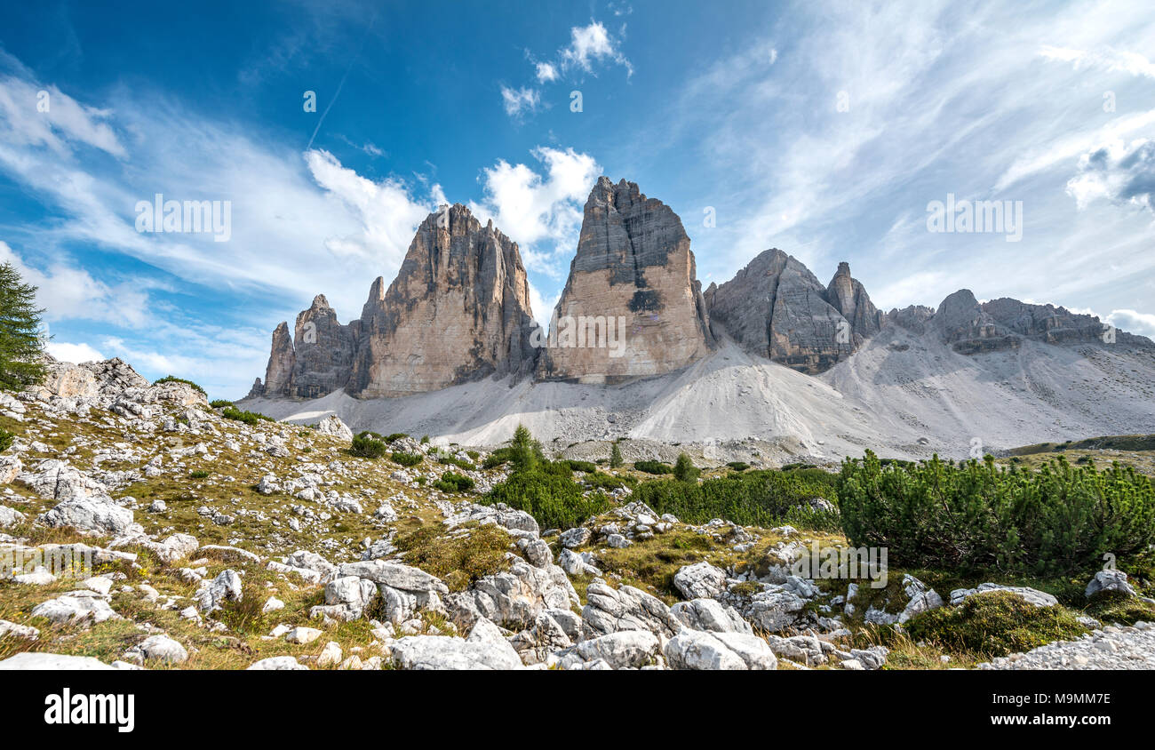 Pareti settentrionali delle Tre Cime di Lavaredo di Lavaredo, Sesto Dolomiti Alto Adige, Trentino Alto Adige, Alto Adige Foto Stock