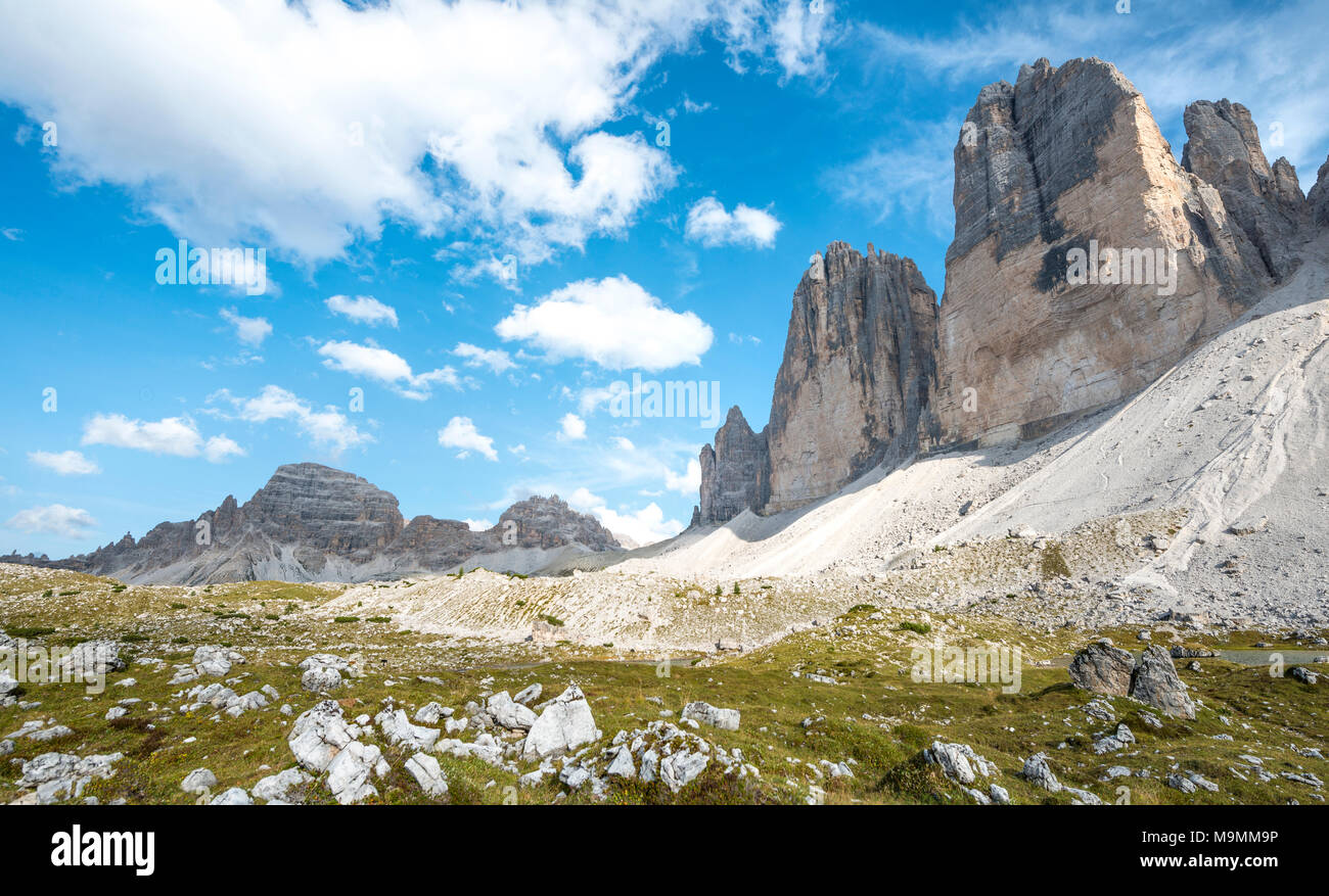 Pareti settentrionali delle Tre Cime di Lavaredo di Lavaredo, Sesto Dolomiti Alto Adige, Trentino Alto Adige, Alto Adige Foto Stock