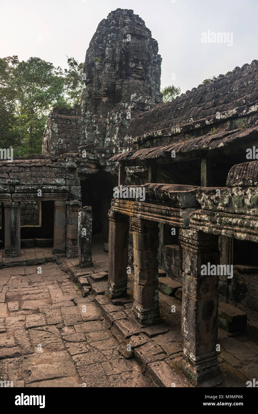 Rovina del tempio, tempio Bayon, Angkor Thom complessa, Parco Archeologico di Angkor, Siem Reap Provincia, Cambogia Foto Stock