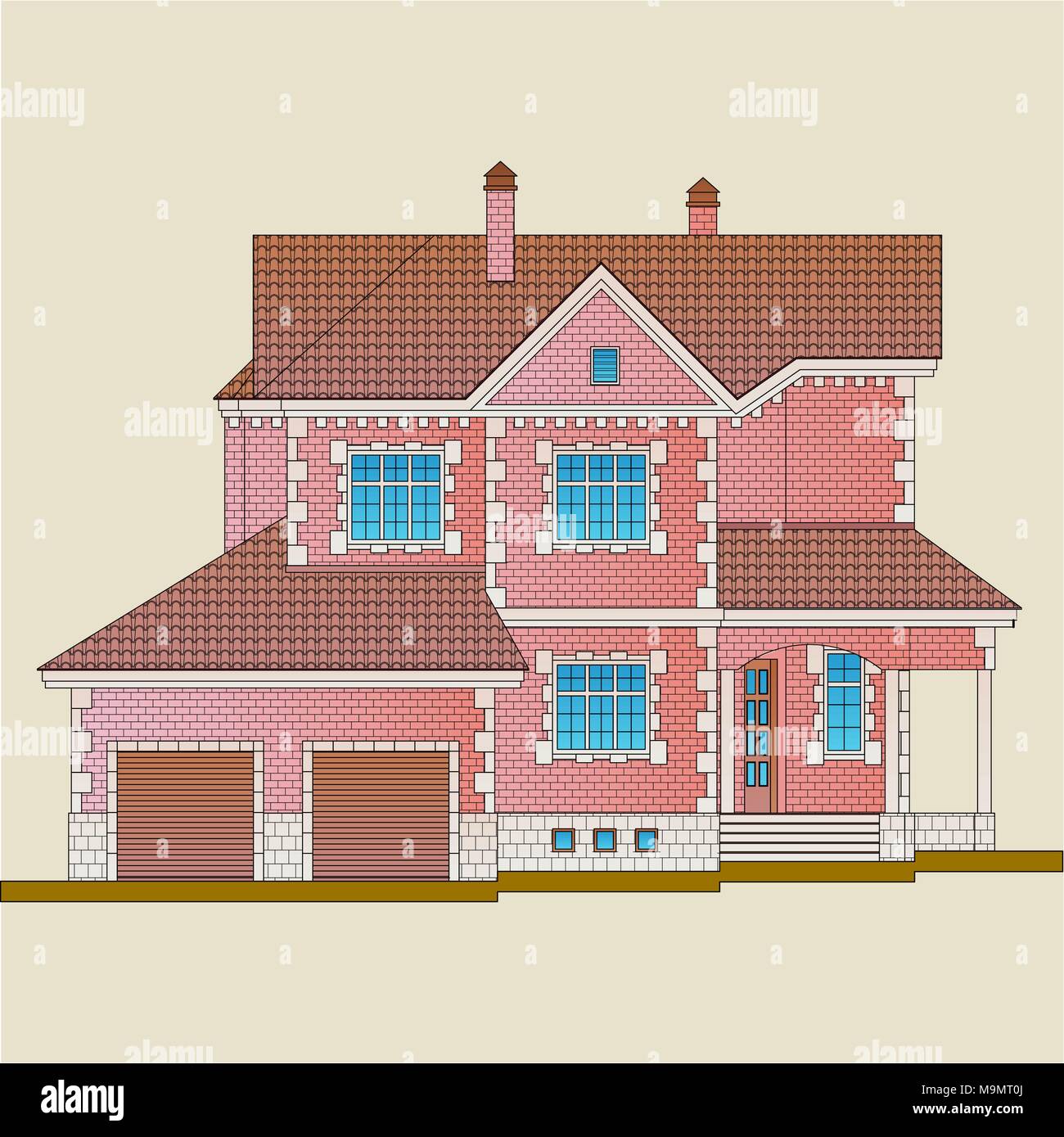 La casa è costruita di mattoni rossi e i dettagli della decorazione con pietra bianca. Lo stile classico dell'architettura dell'appartamento. Illustrazione Vettoriale