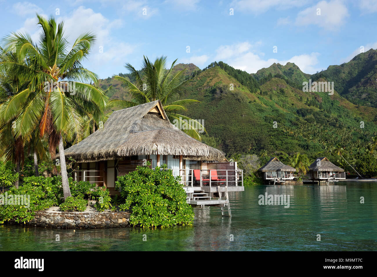 Bungalow sul mare con palme nella parte anteriore del green Hills Hotel di lusso, Interconti Resort Moorea, Isole della Società Foto Stock