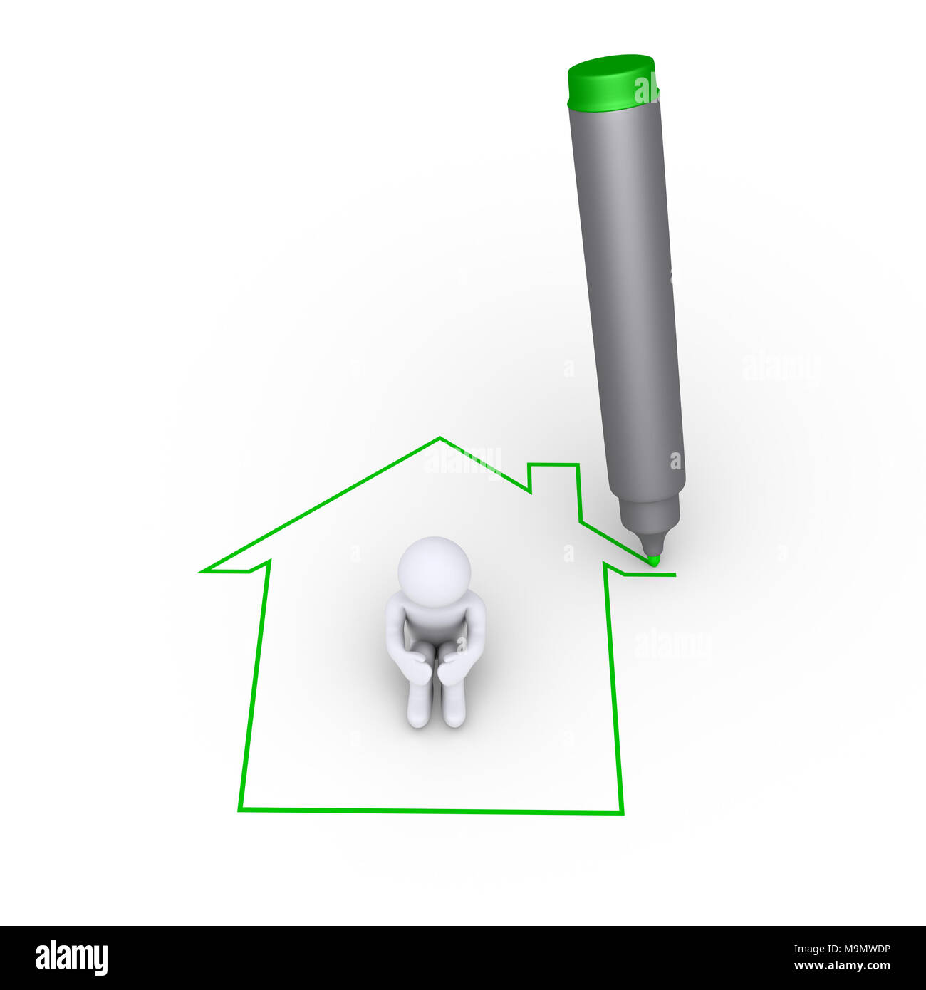 Un marcatore è il disegno di una casa attorno a una persona seduta Foto Stock