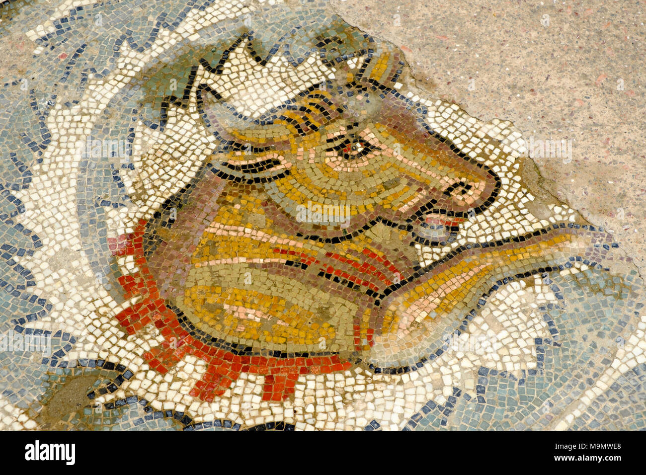 Bull, Romano antico pavimento a mosaico, Villa Casale, Villa Romana del Casale, antichi scavi romani, provincia di Enna, Sicilia Foto Stock