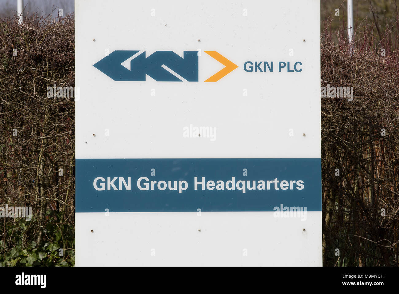 Il quartier generale della GKN, una multinazionale britannica automobilistica e componenti aerospaziali, a Redditch, Worcestershire, come Business Secretary Greg Clark ha richiesto impegni 'estesi e chiari' dallo specialista di turnaround Melrose oltre la sua offerta di £8.1 miliardi per il gigante britannico di ingegneria GKN, sollevando preoccupazioni su interessi a breve termine. Foto Stock