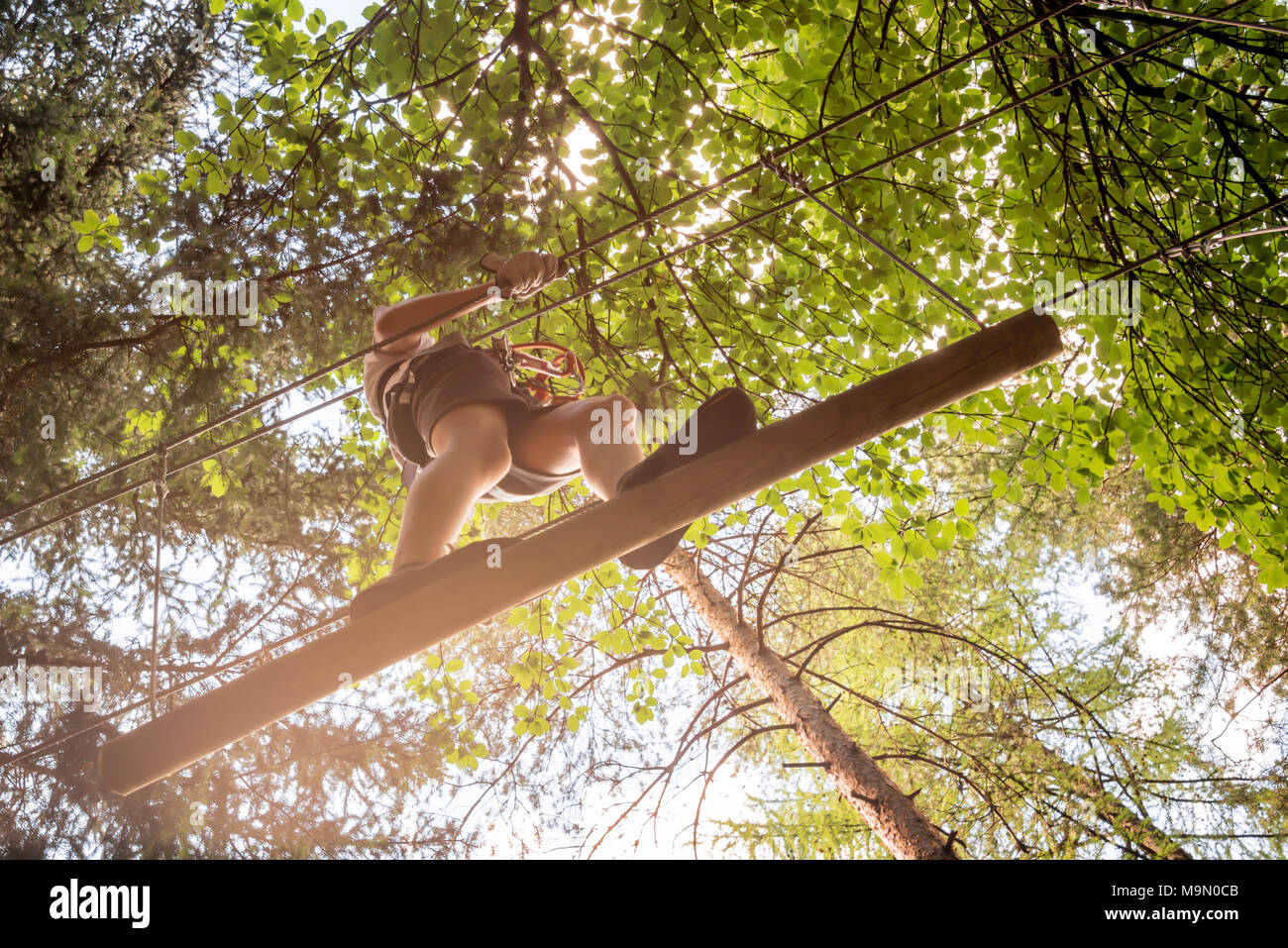 Adolescente divertirsi sulle corde alte corso, avventura, parco, arrampicarsi sugli alberi in una foresta in estate Foto Stock