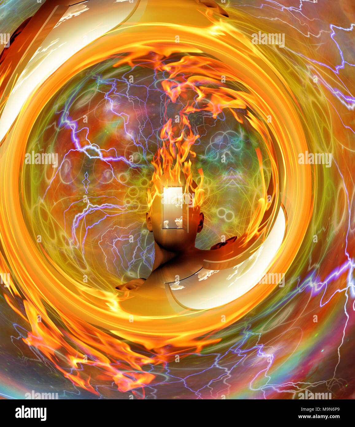 Uomo con testa di masterizzazione nello spazio cosmico Foto Stock