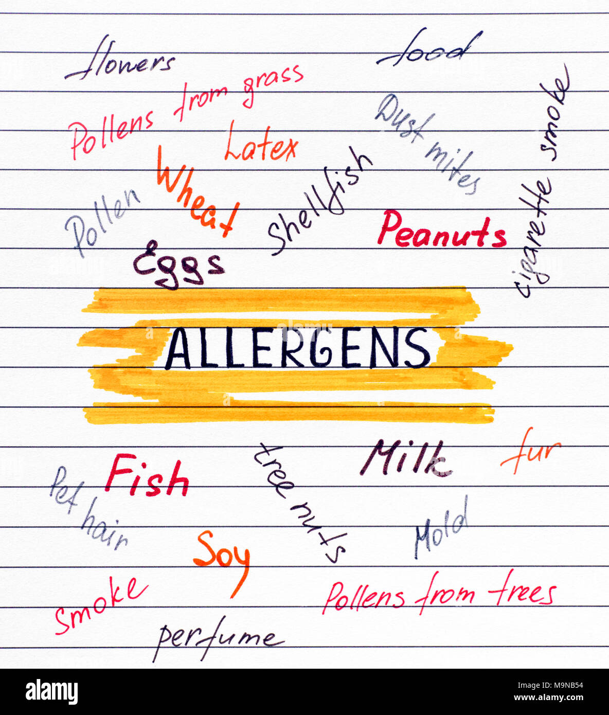 Gli allergeni diversi scritti su carta a righe. Close-up. Foto Stock