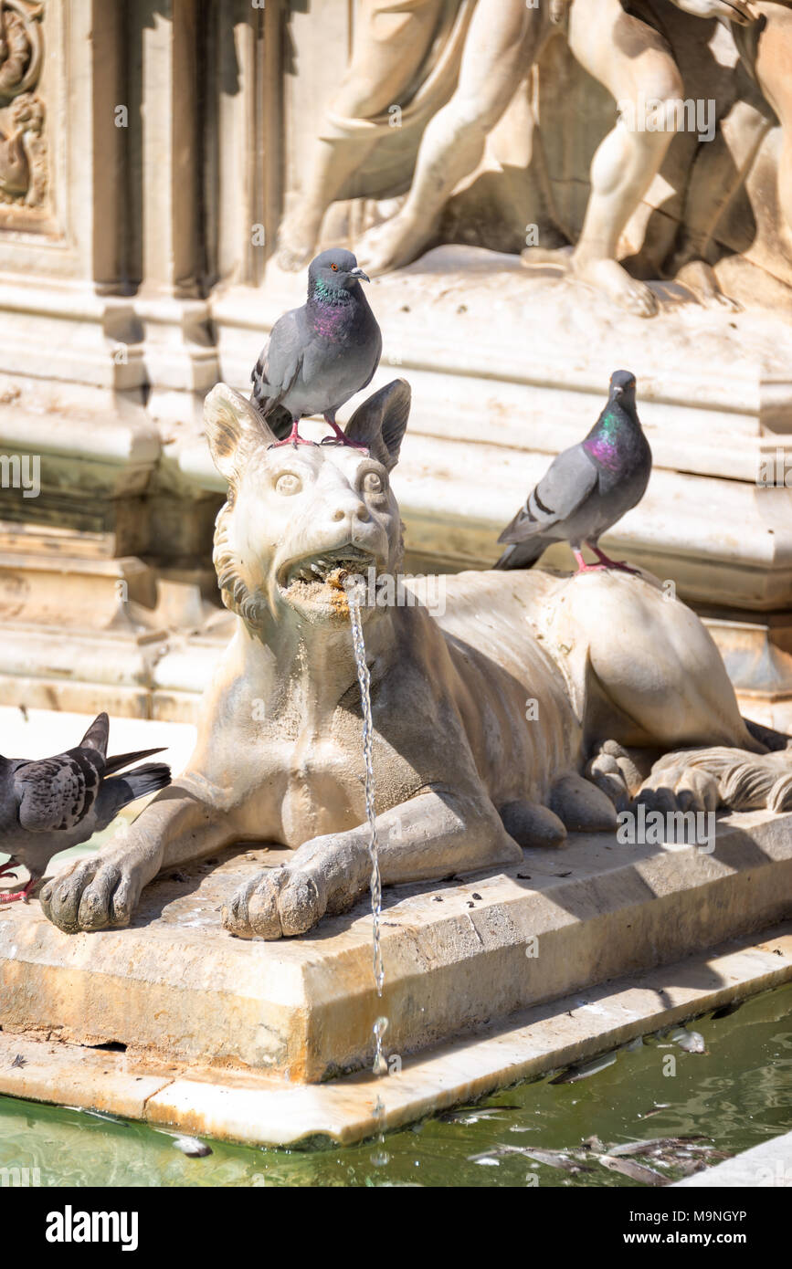 Dettaglio della Fonte Gaia (Fontana di gioia) su Piazza del Campo (campo quadrato) a Siena. Toscana, Italia Foto Stock