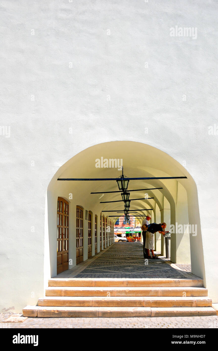 Sibiu, Transilvania, Romania. Piata Mica (quadrato) - arcade. Finestra e altri dettagli rimosso digitalmente per fornire spazio di copia Foto Stock