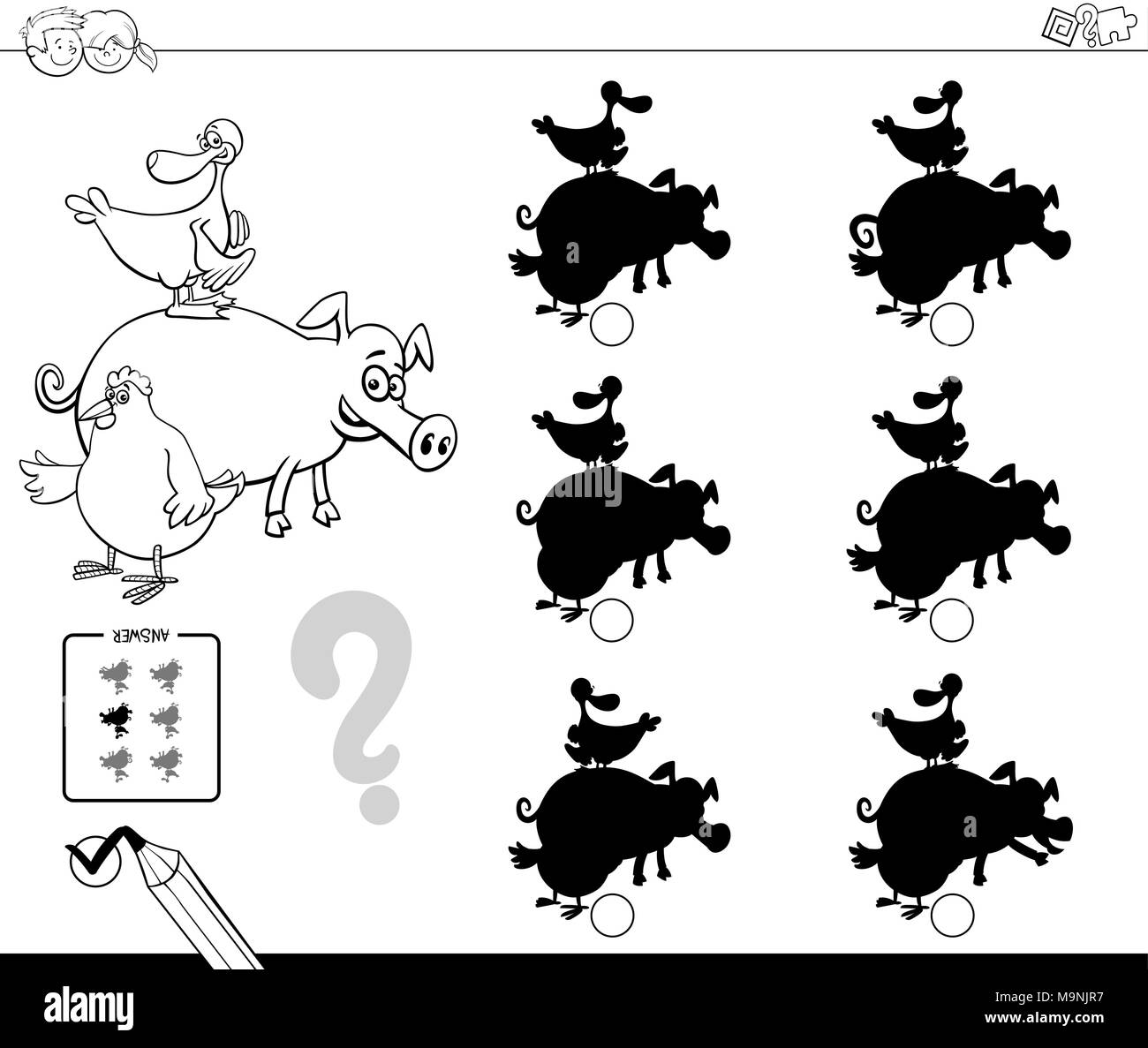 Bianco e Nero Cartoon illustrazione di trovare l'ombra senza differenze di attività educative per i bambini con il fumetto di animali da azienda caratteri col Illustrazione Vettoriale