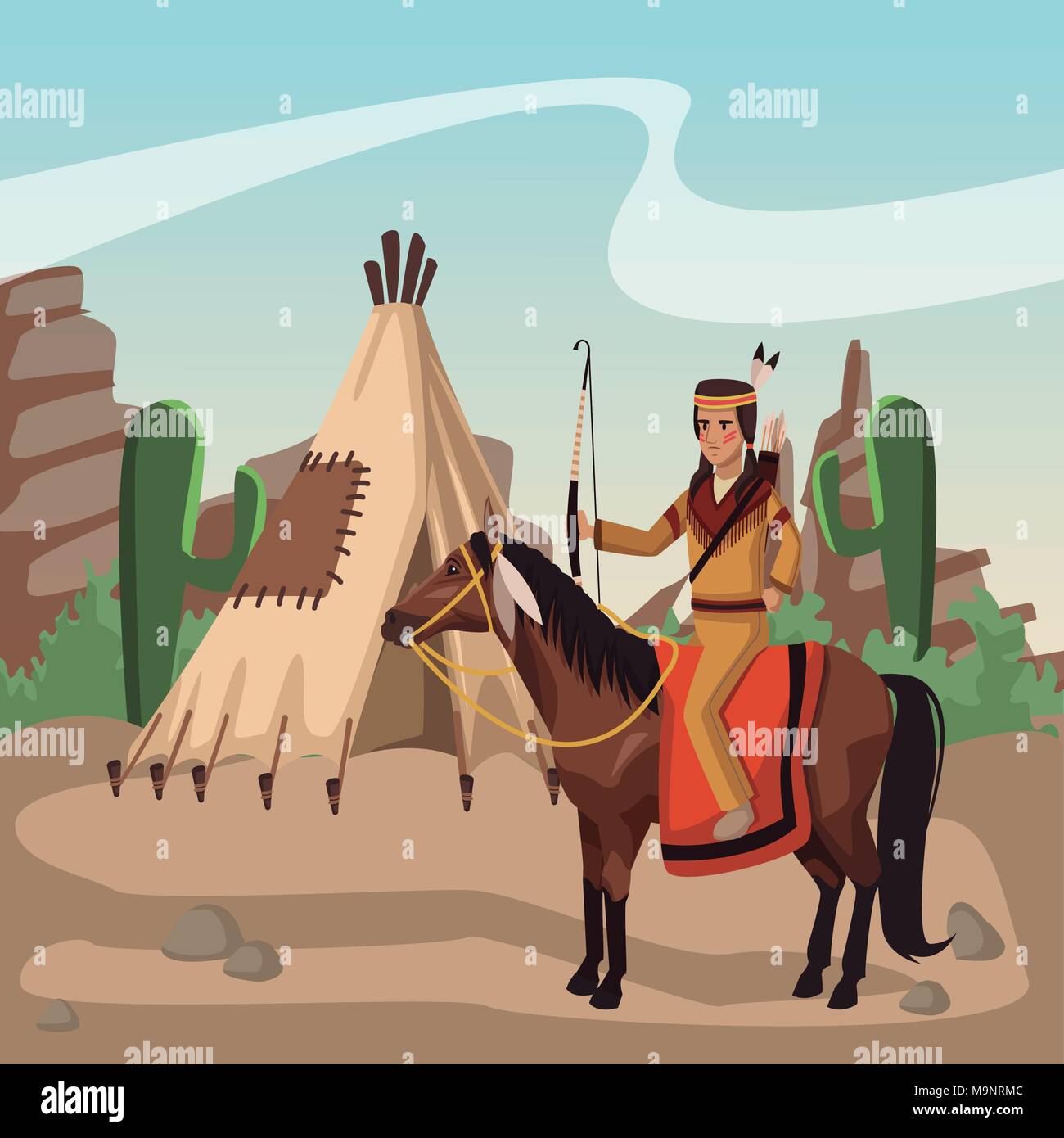 Indian di equitazione presso il Village Illustrazione Vettoriale