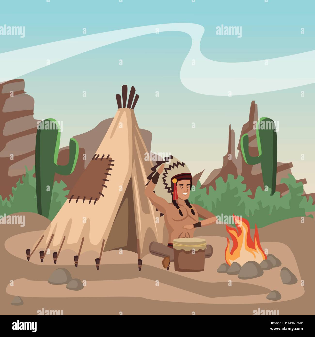 American Indian suonare il tamburo Illustrazione Vettoriale