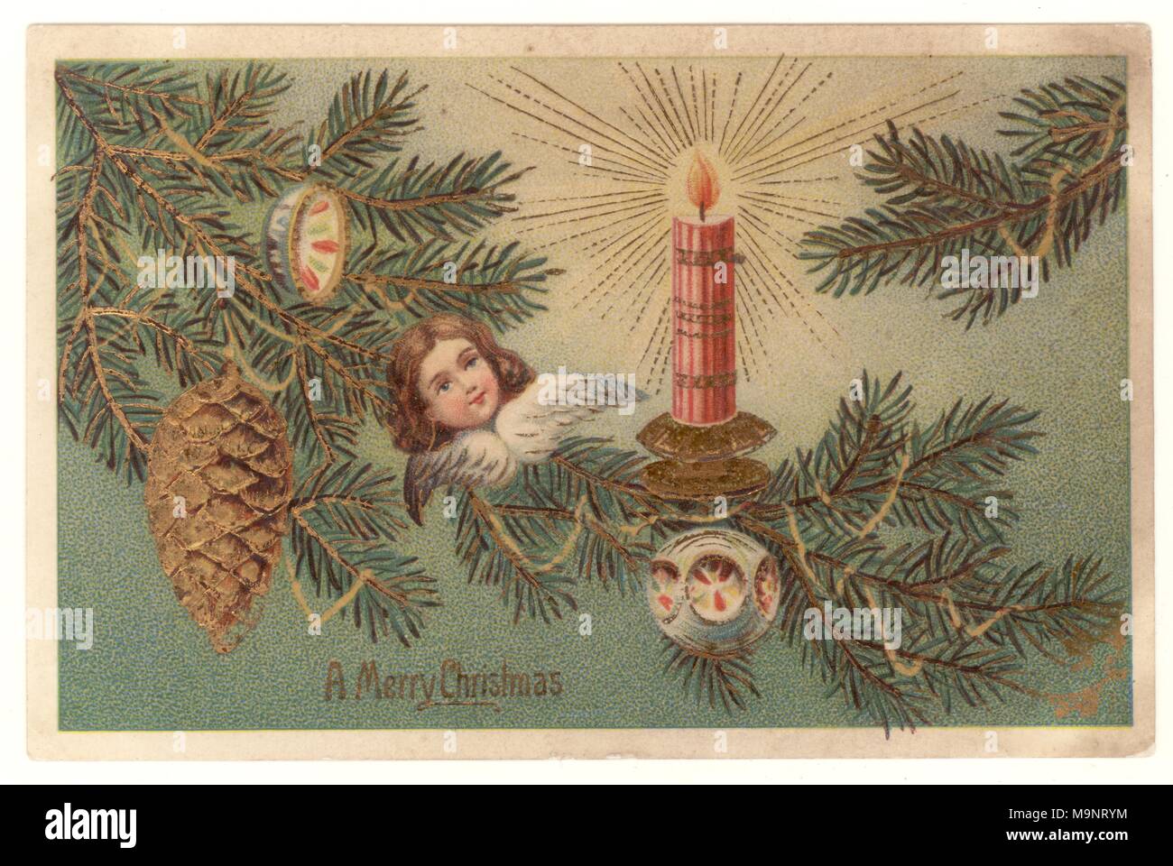 Edwardian i Saluti di Natale cartolina, raffigurante un albero di Natale con decorazioni che desiderano un Buon Natale, pubblicato 23 Dic 1906 Foto Stock