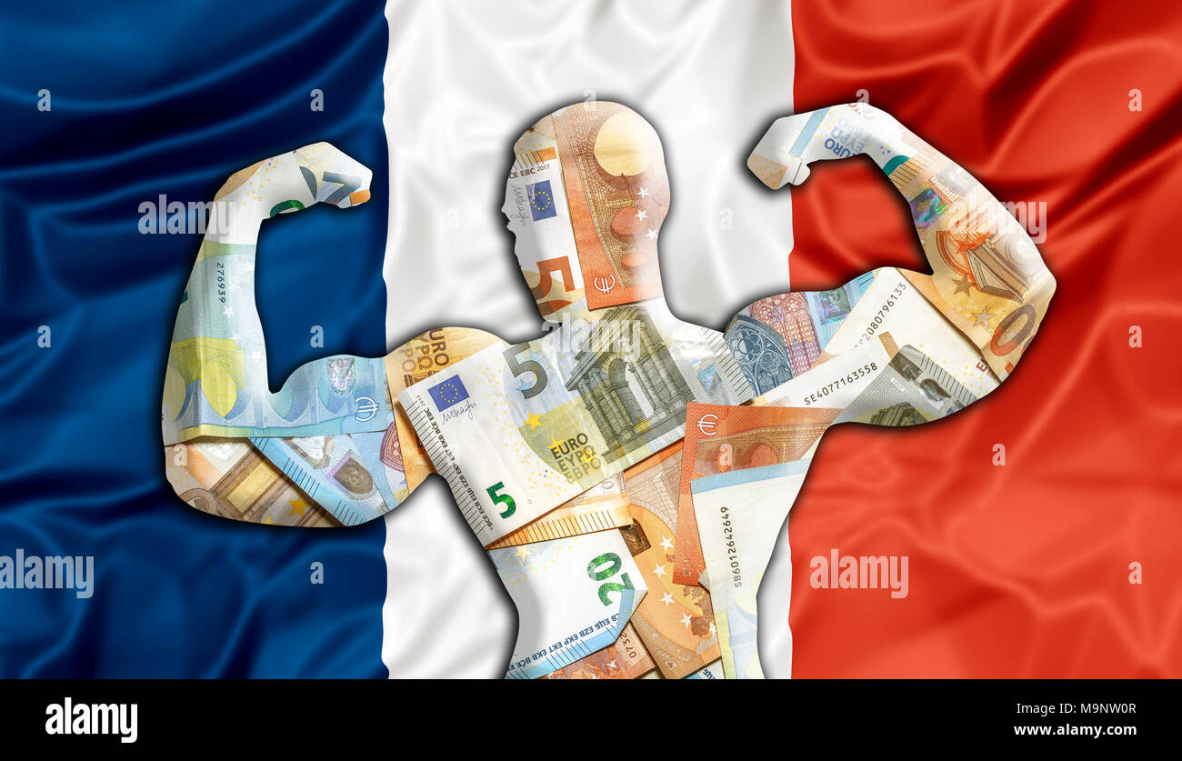 Abstract background aziendale. Concetto di potenti euro europeo. Bandiera della Francia e allestitore sagomato in valuta Euro. Concetto finanziario circa il tasso di cambio del francese valuta Euro. Foto Stock