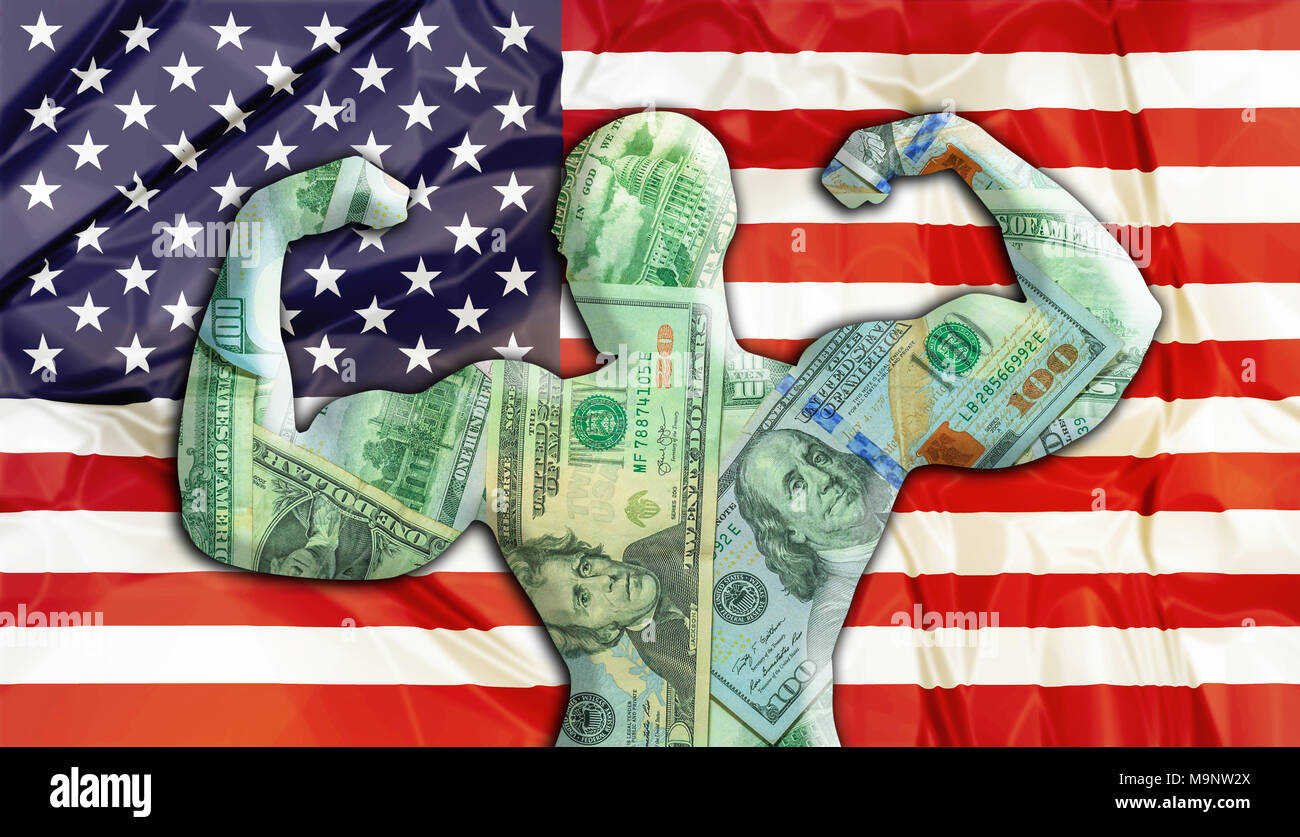 Abstract background aziendale. Concetto di potenti Stati Uniti dollaro americano. Stati Uniti Bandiera e allestitore sagomato valuta USD. Concetto finanziario circa il tasso di cambio del dollaro americano. Foto Stock