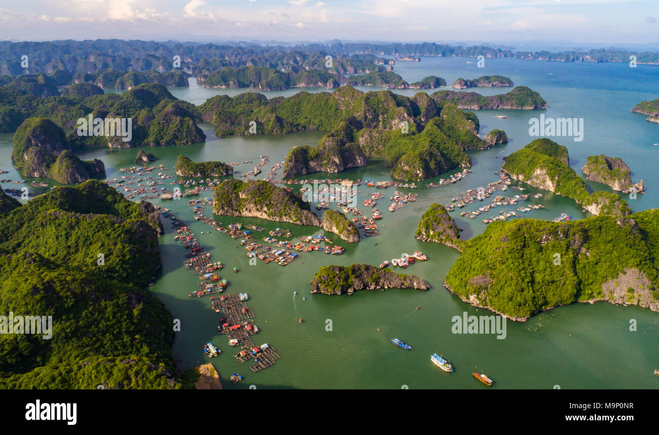 Cat Ba island da sopra. Lan Baia di Ha. Hai Phong, Vietnam Foto Stock