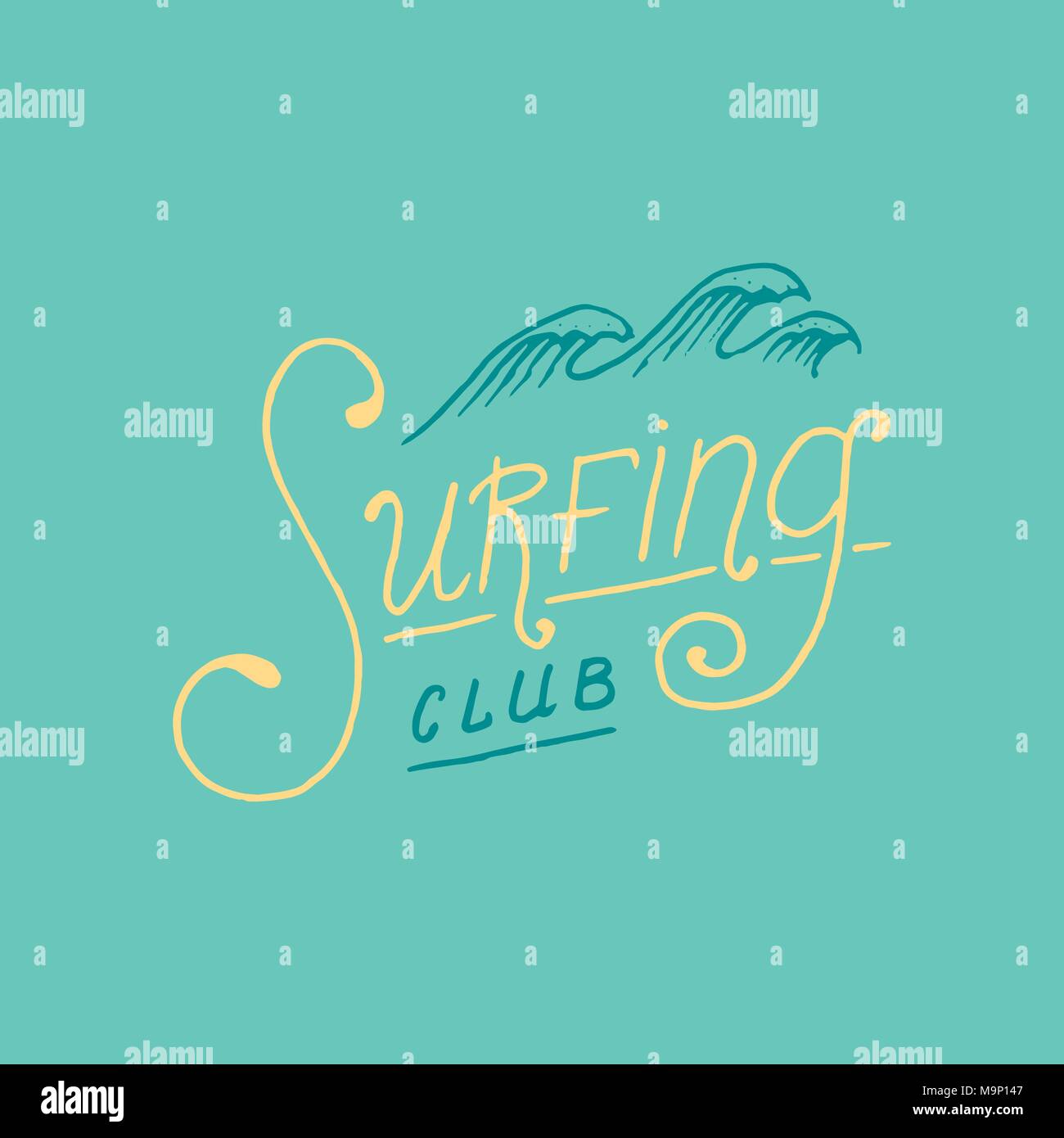 Surf badge e wave, palme e oceano. vintage retrò background. tropici e california, tavola da surf, estate sulla spiaggia e il mare. incisi emblema disegnato a mano. Banner o poster. sport nelle Hawaii. Illustrazione Vettoriale