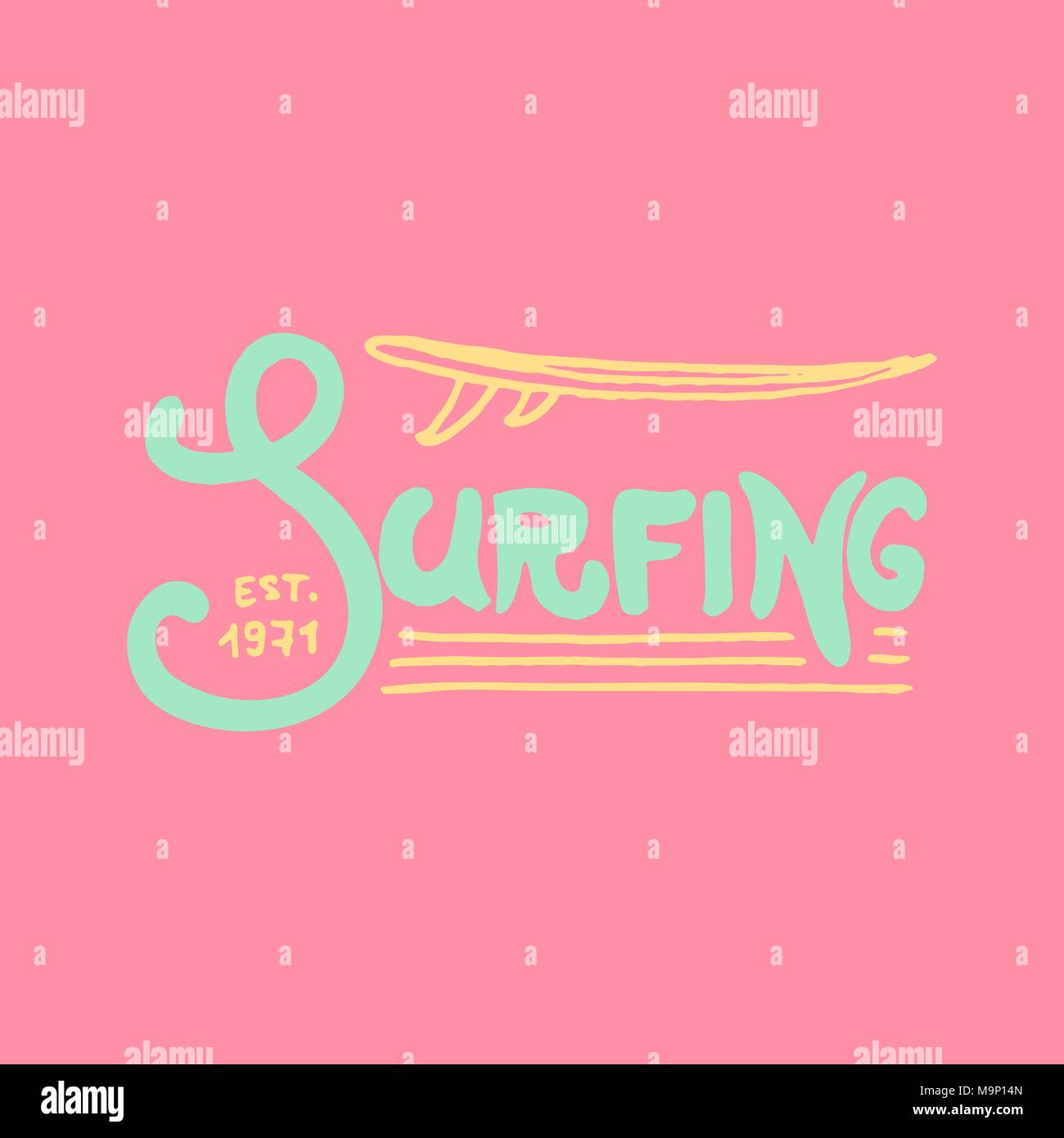 Surf badge e wave, palme e oceano. vintage retrò background. tropici e california, tavola da surf, estate sulla spiaggia e il mare. incisi emblema disegnato a mano. Banner o poster. sport nelle Hawaii. Illustrazione Vettoriale