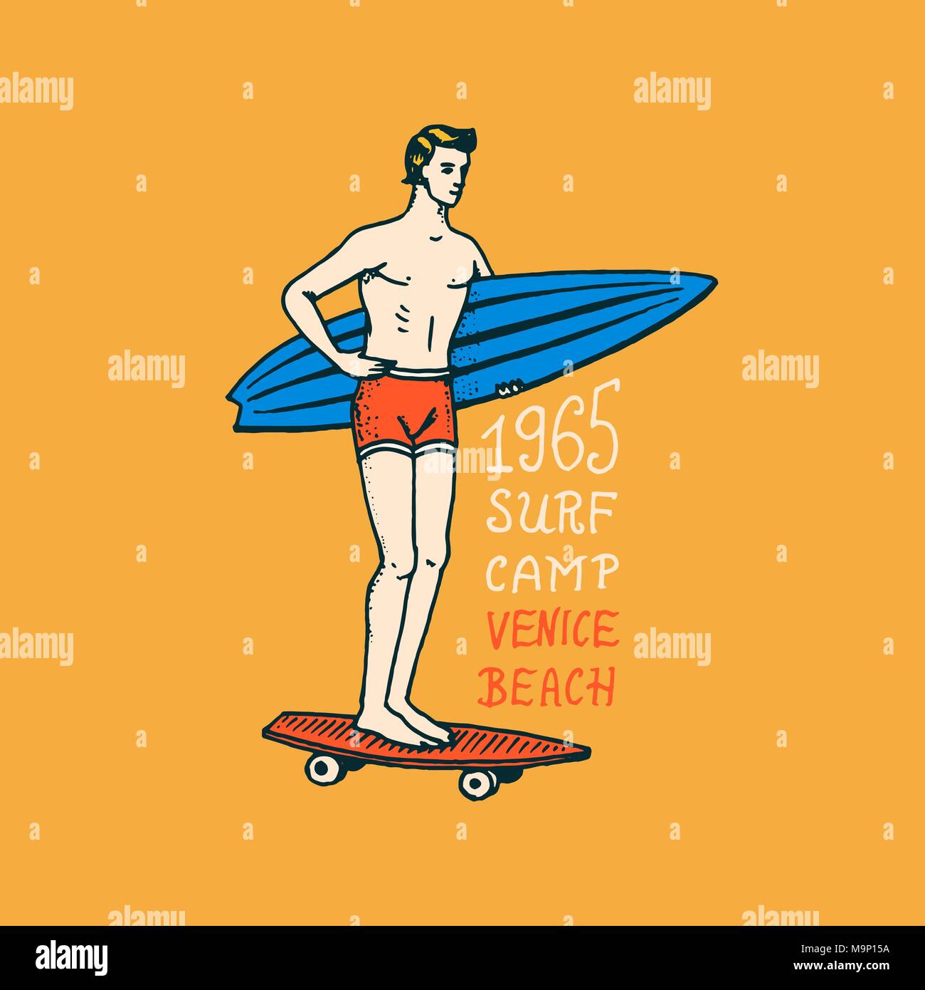 Badge di Surf, onda e oceano. vintage retrò background. tropici e california. l uomo sulla tavola da surf, estate sulla spiaggia e il mare. incisi emblema disegnato a mano. Banner o poster. sport nelle Hawaii. Illustrazione Vettoriale