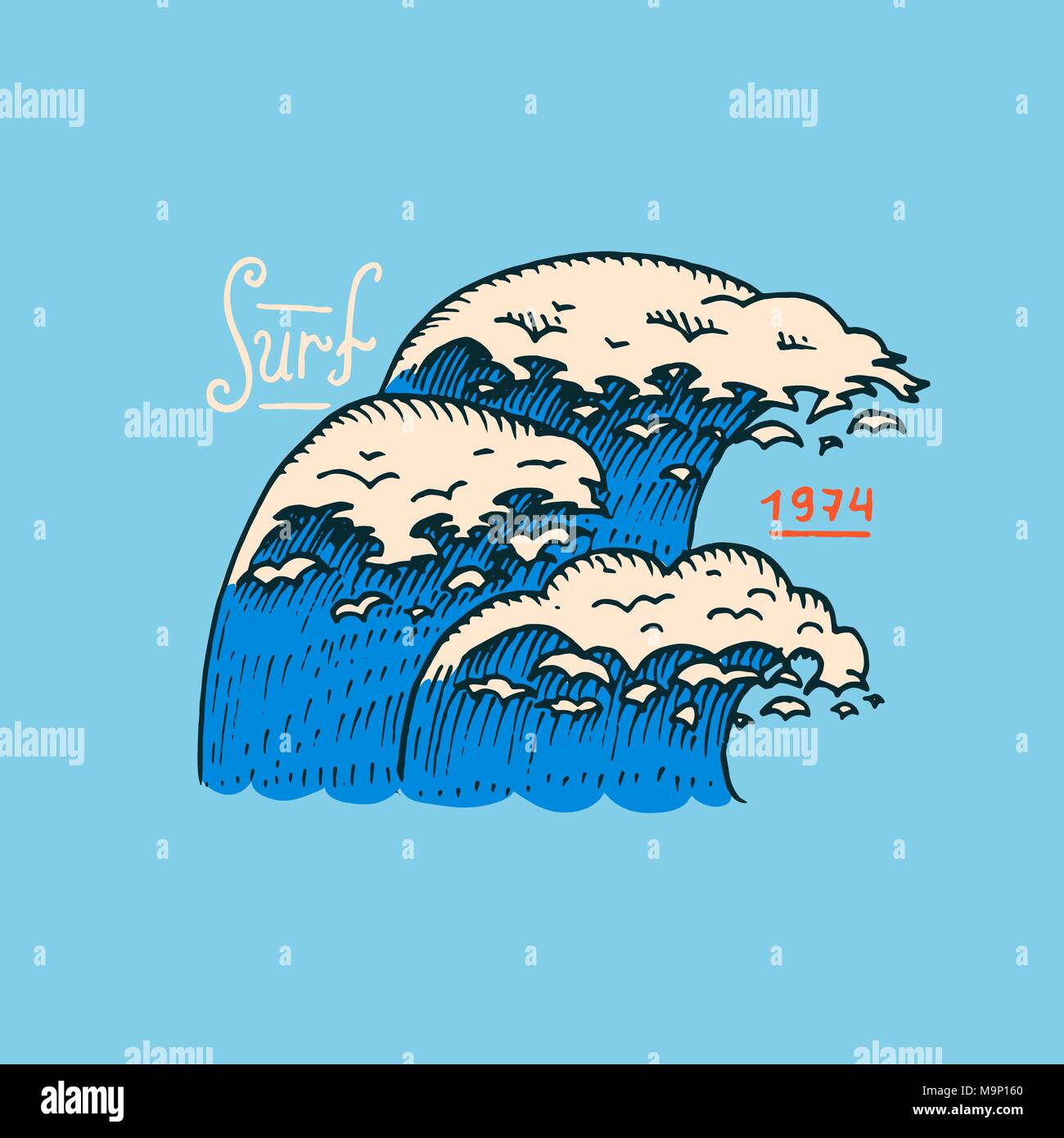 Badge di Surf, onda e oceano. vintage retrò background. tropici e california. l uomo sulla tavola da surf, estate sulla spiaggia e il mare. incisi emblema disegnato a mano. Banner o poster. sport nelle Hawaii. Illustrazione Vettoriale