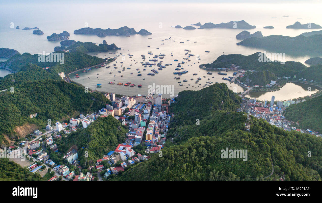 Cat Ba island da sopra. Lan Baia di Ha. Hai Phong, Vietnam Foto Stock