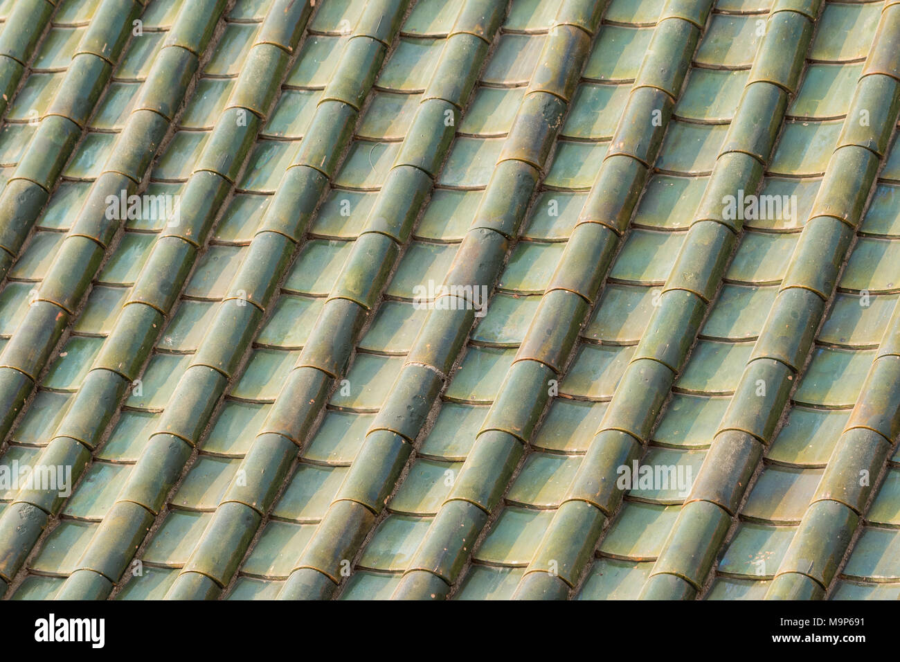 Chiudere il vecchio tetto verde piastrelle Foto Stock