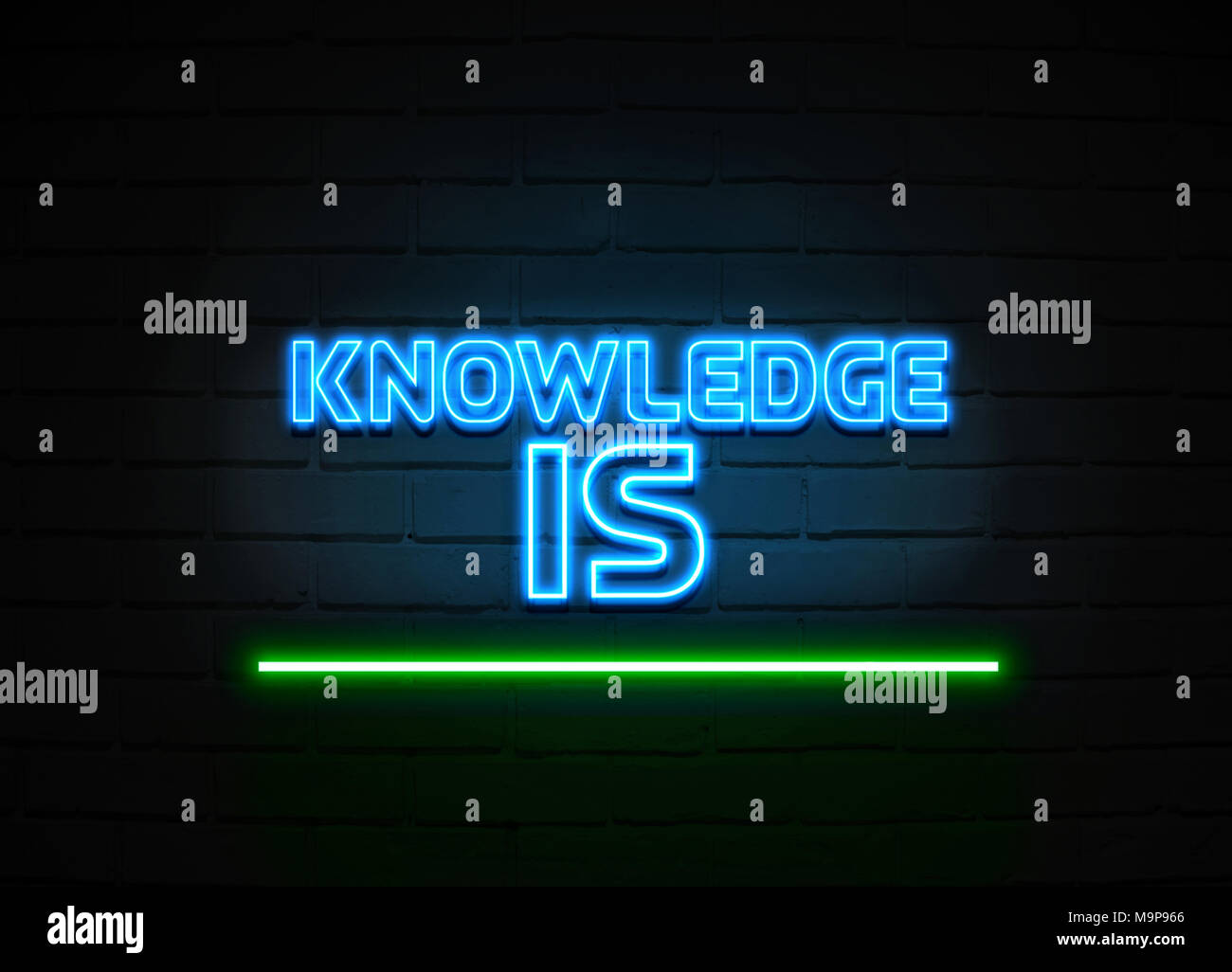 La conoscenza è potere insegna al neon - Neon incandescente segno sulla parete brickwall - 3D reso Royalty free stock illustrazione. Foto Stock