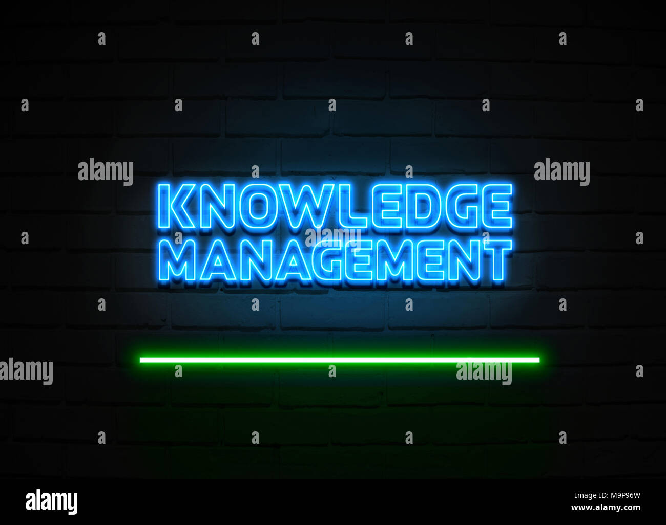 La gestione della conoscenza insegna al neon - Neon incandescente segno sulla parete brickwall - 3D reso Royalty free stock illustrazione. Foto Stock