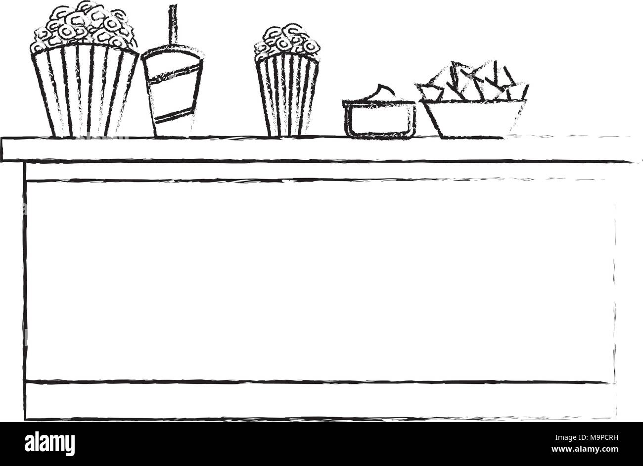 Cinema bancone bar secchi di popcorn soda nachos cibo Illustrazione Vettoriale