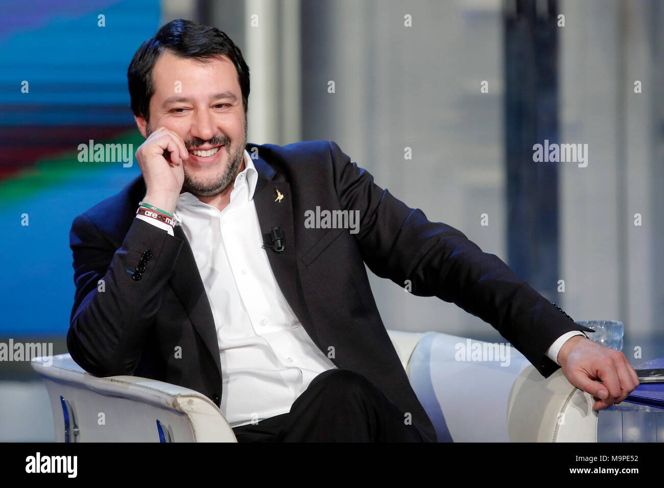 Matteo Salvini, leader della Lega Nord partito Roma 27/03/2018. Trasmissione tv Rai "Porta a Porta". Roma 27 Marzo 2018. Matteo Salvini appare un ospite allo show televisivo "Porta a Porta". Foto di Samantha Zucchi Insidefoto Credito: insidefoto srl/Alamy Live News Foto Stock