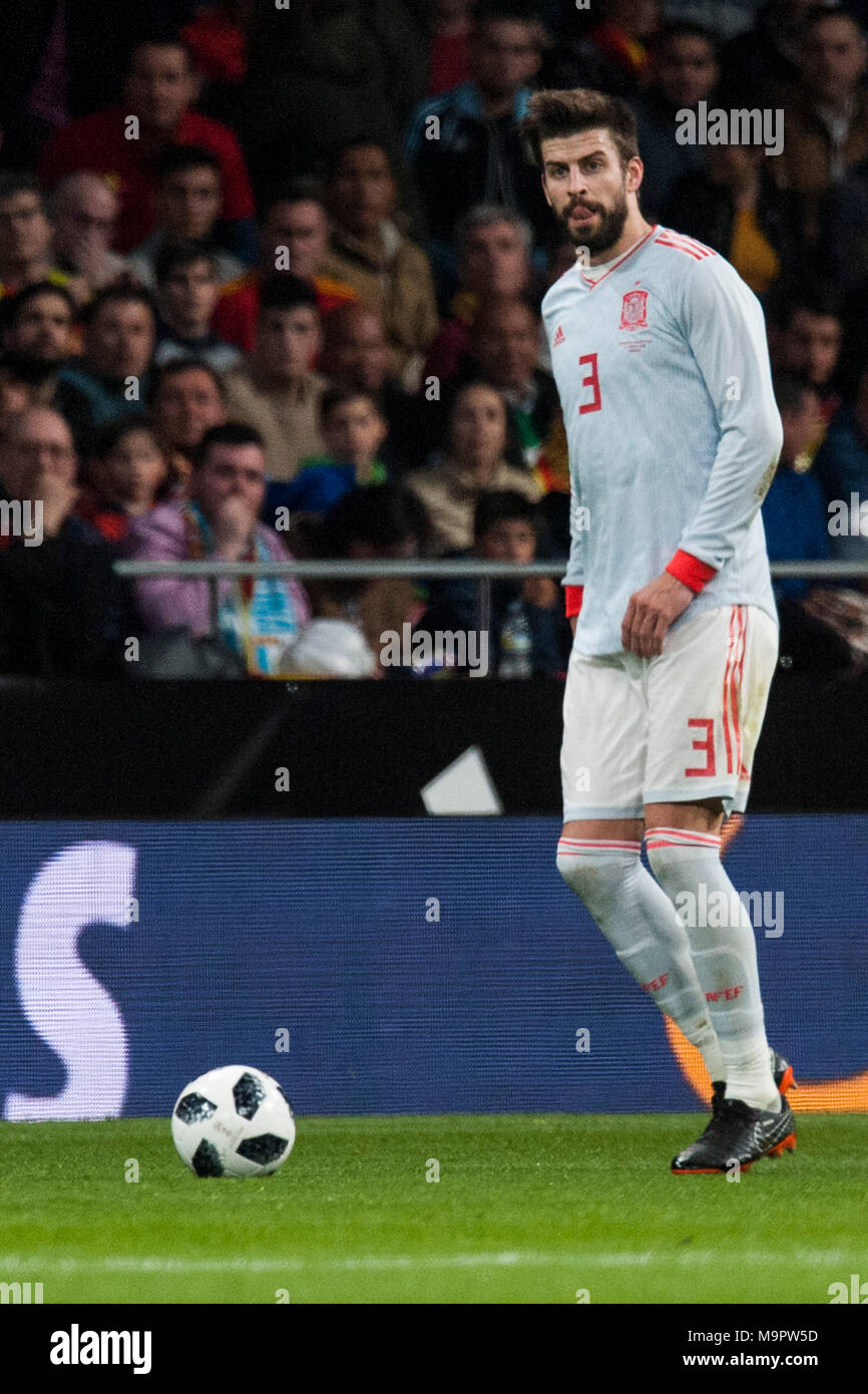 Gerard Pique (FC Barcelona) durante la partita amichevole tra Spagna e Argentina, il 27 marzo 2018. Wanda Metropolitano Stadium, Madrid, Spagna. Foto Stock