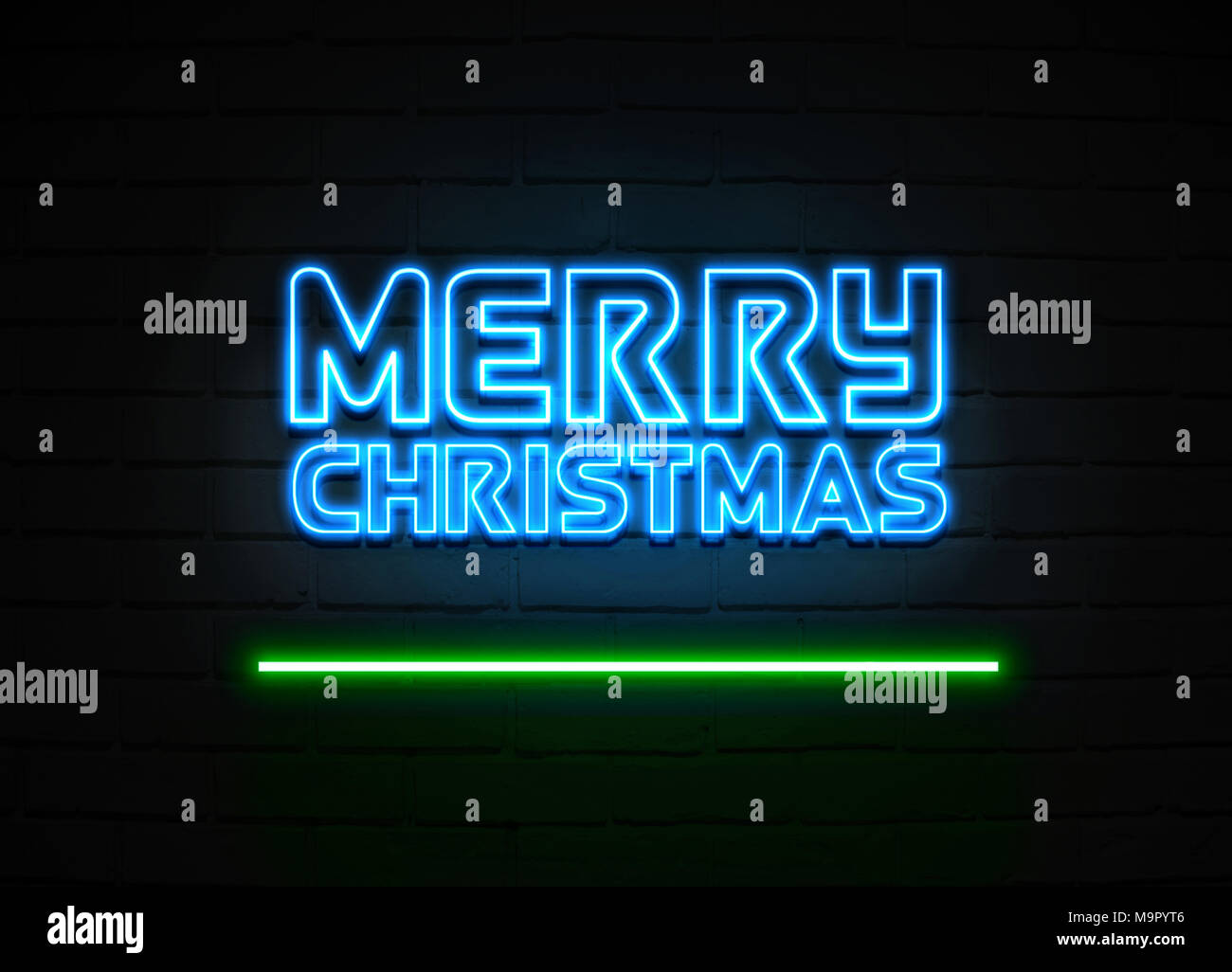 Buon Natale insegna al neon - Neon incandescente segno sulla parete brickwall - 3D reso Royalty free stock illustrazione. Foto Stock