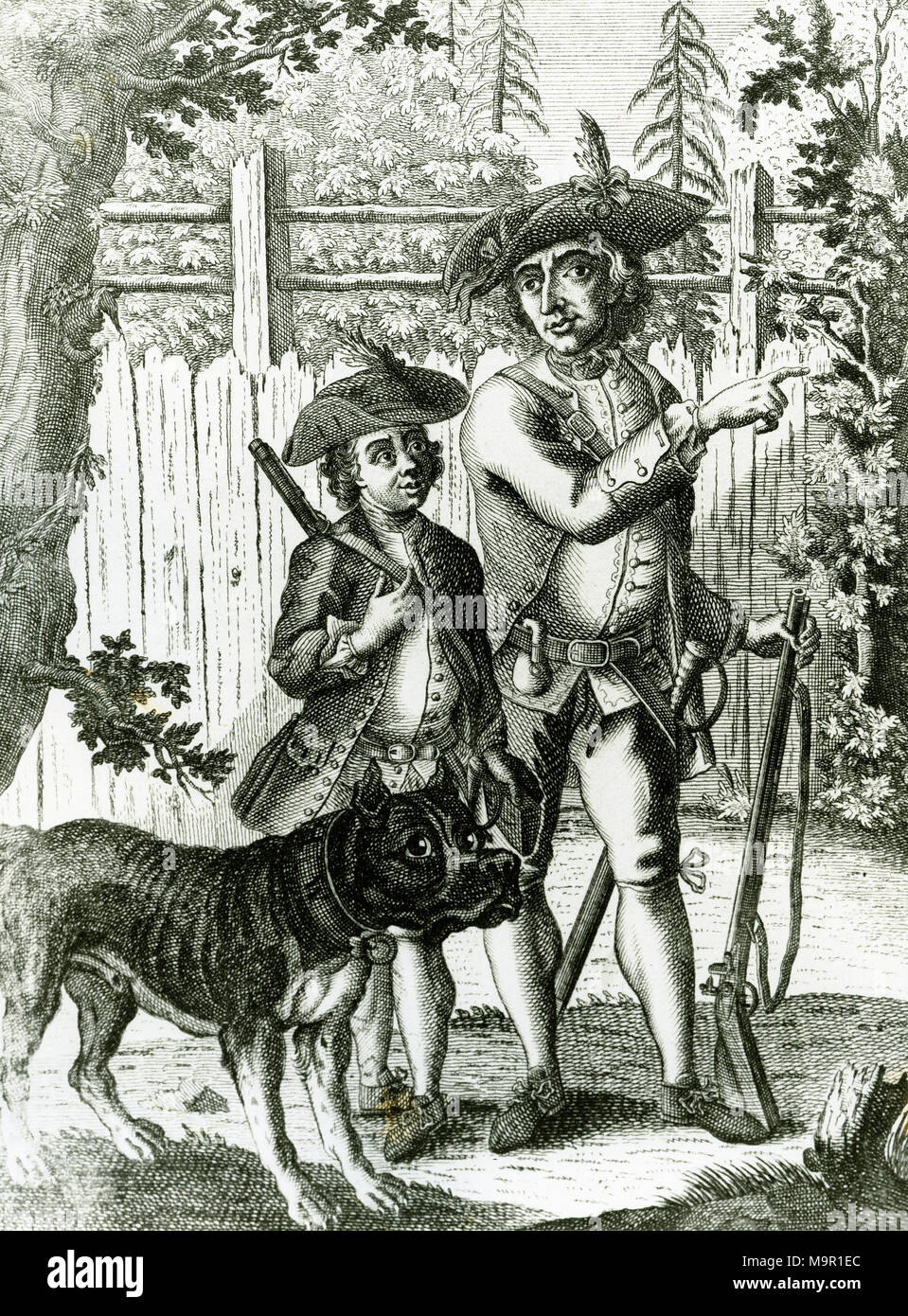 Hiasl bavarese, brigante e bracconiere Matthias Klostermayr,1736-1771, con Tyras boy e Great Dane, incisione dopo 1771 Foto Stock